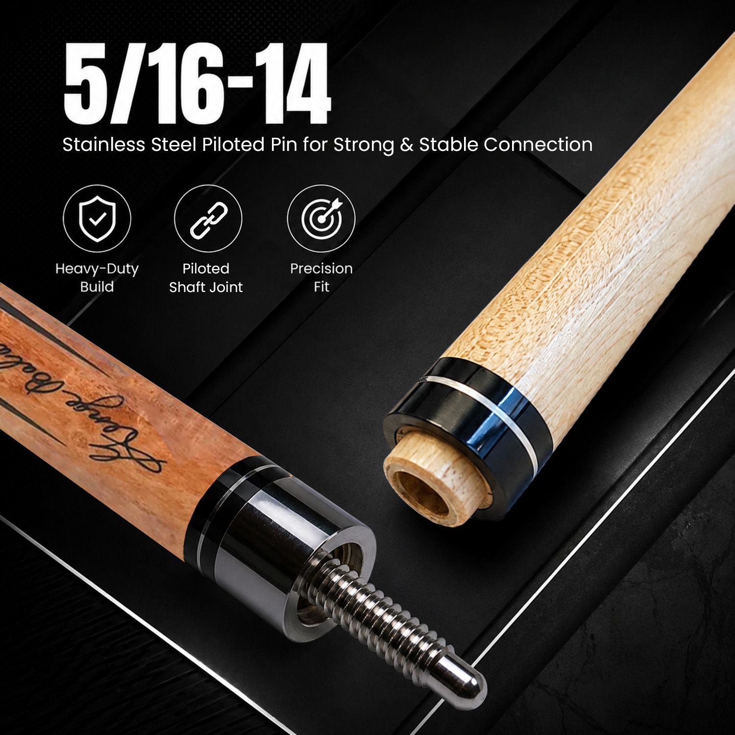 GB3 billiard cue stainless steel 5/16-14 piloted joint showing precision shaft connection and durable construction