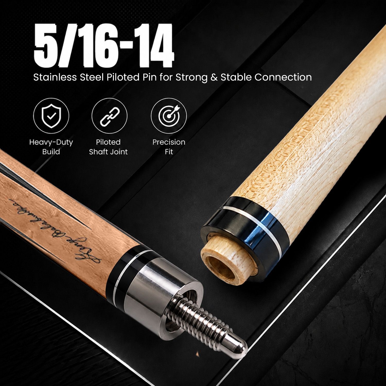 GB-BS billiard cue stainless steel 5/16-14 piloted joint showing precision shaft connection and durable construction