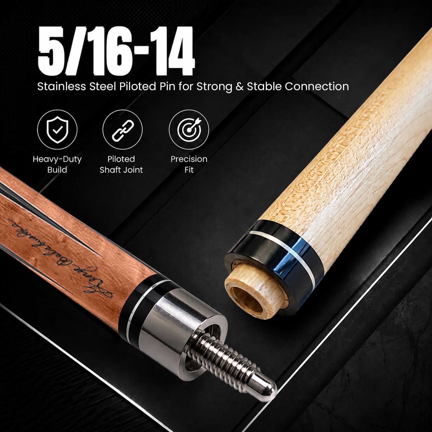 GB22 billiard cue stainless steel 5/16-14 piloted joint showing precision shaft connection and durable construction
