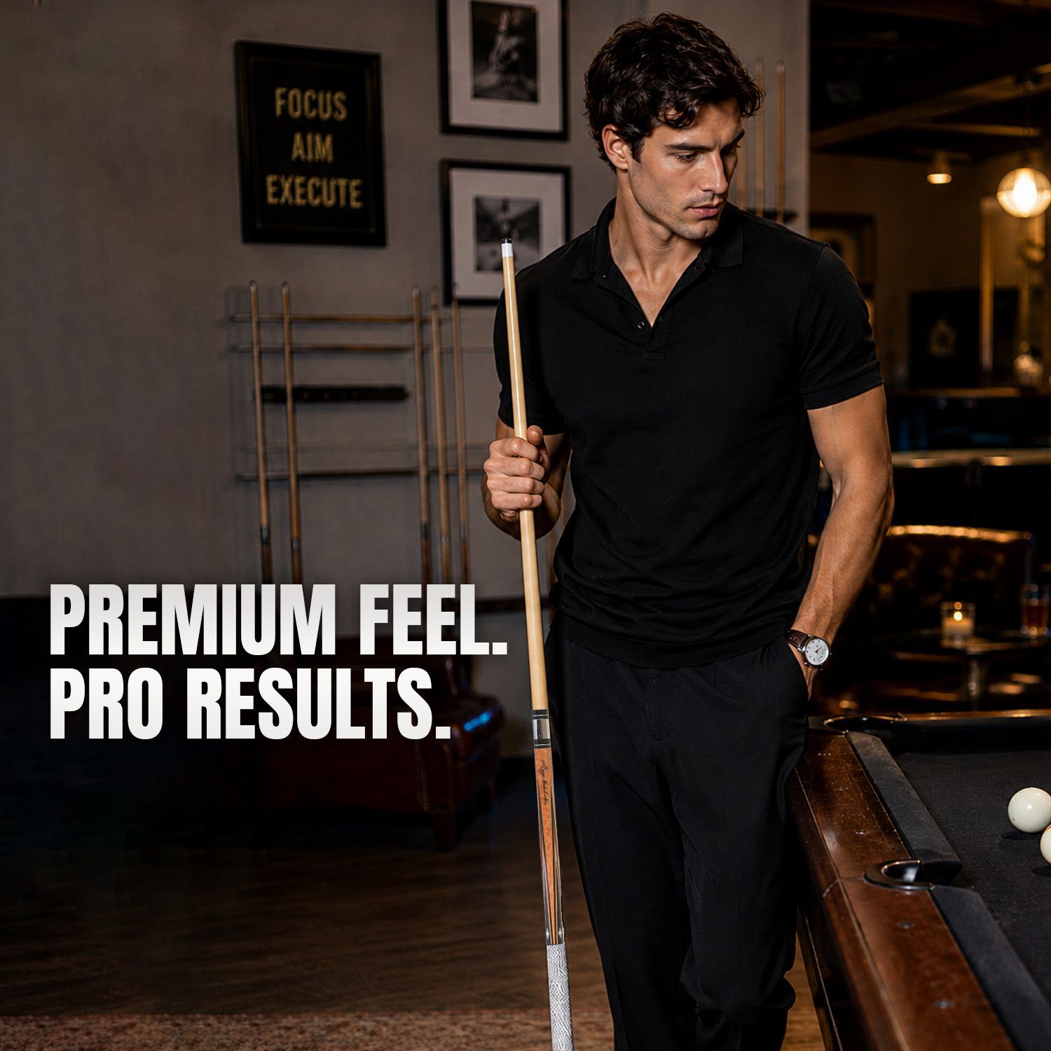 GB3 billiard cue displayed with player in a premium billiards room highlighting professional performance and elegant design