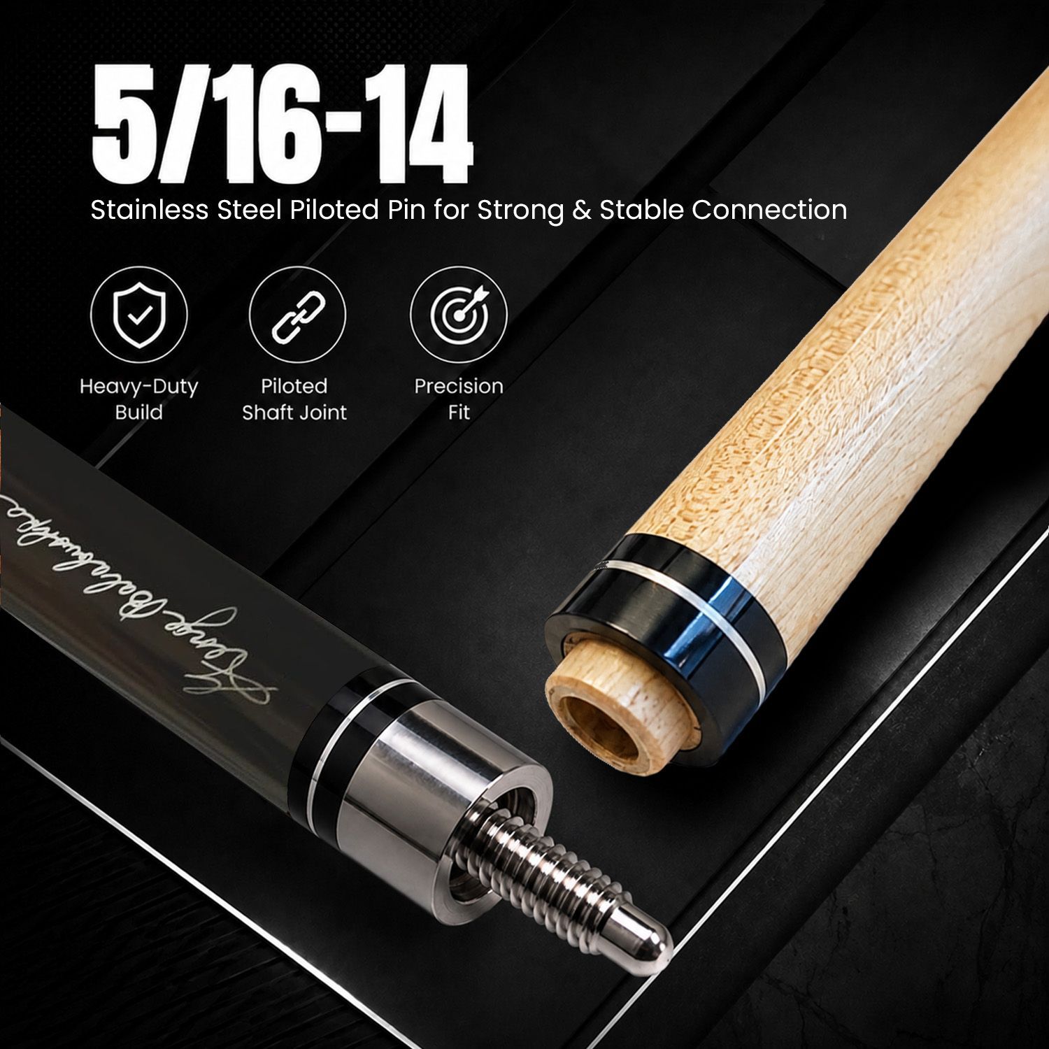 GB25 billiard cue joint detail showing the precision shaft connection, polished metal collar, durable construction, and seamless fit engineered for consistent performance