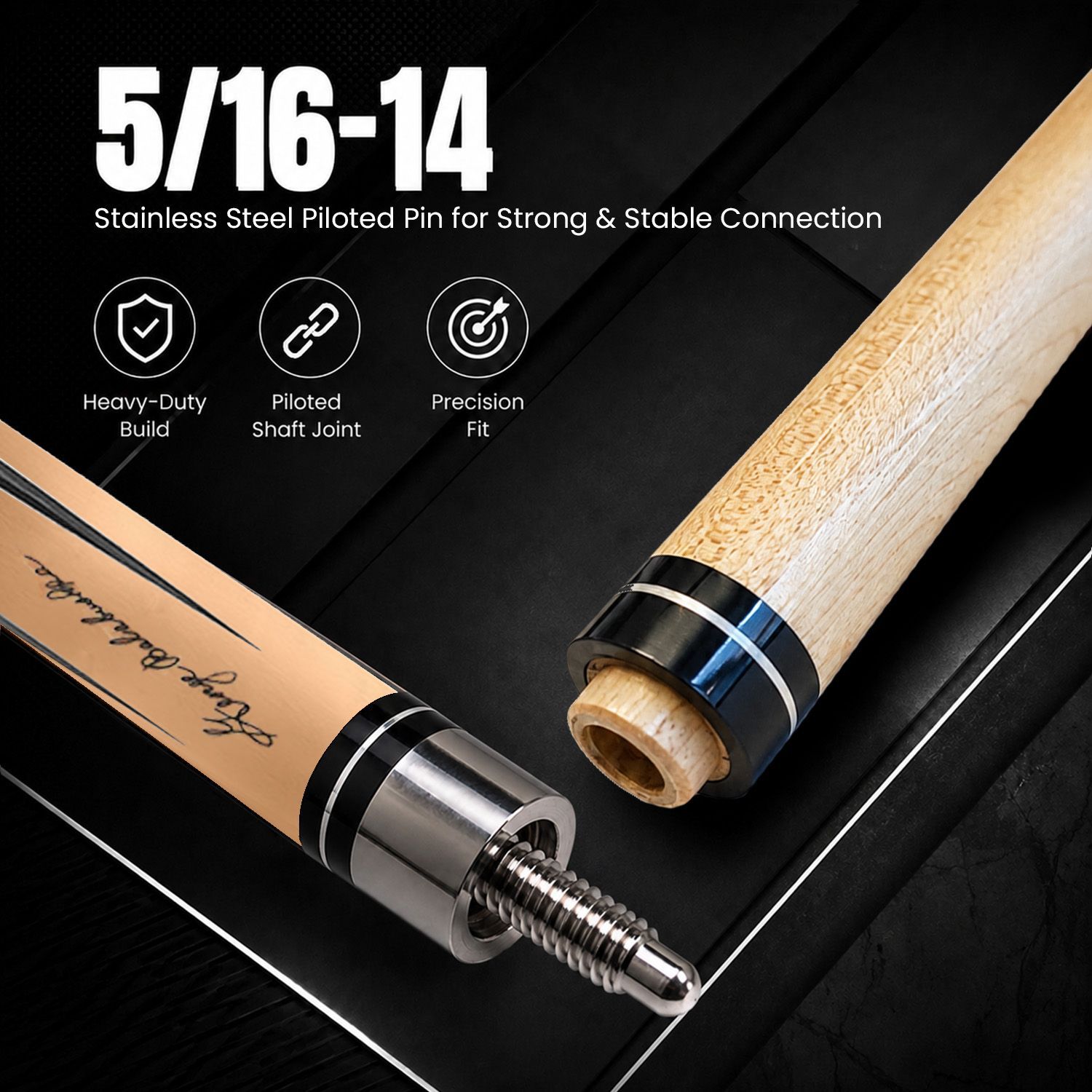 GB26 billiard cue joint detail showing the precision shaft connection, polished collar, smooth transition between shaft and butt, and professional-grade construction