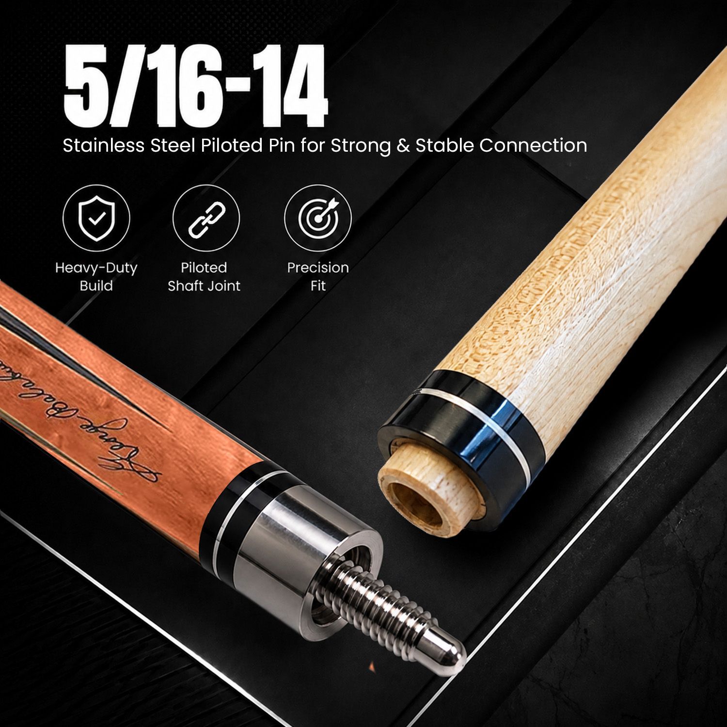 GB21 billiard cue stainless steel 5/16-14 piloted joint showing precision shaft connection and durable construction