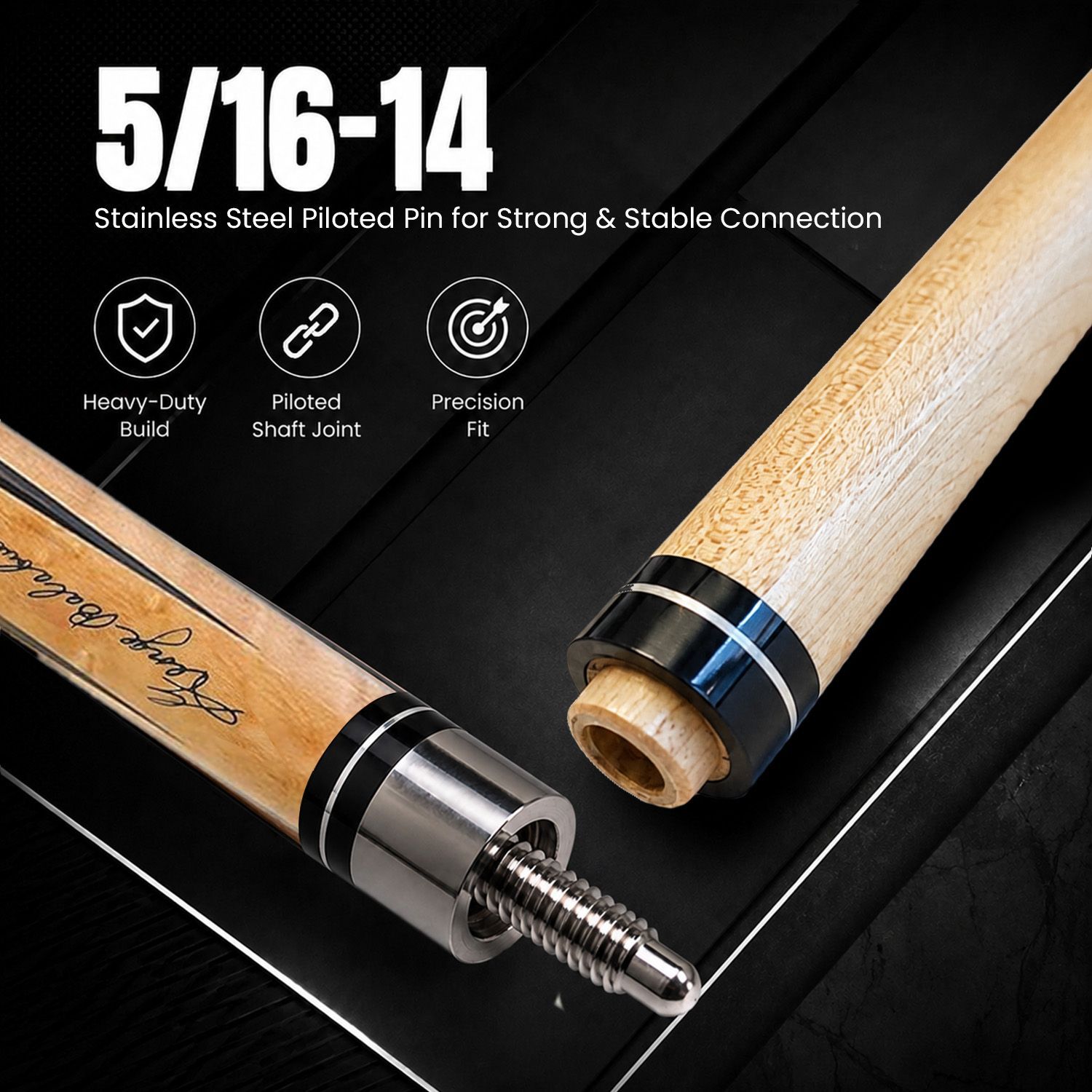GB9 billiard cue stainless steel 5/16-14 piloted joint showing precision shaft connection and durable construction