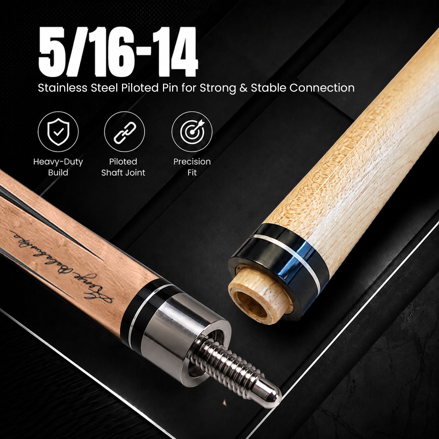 GB-T billiard cue stainless steel 5/16-14 piloted joint showing precision shaft connection and durable construction for consistent performance