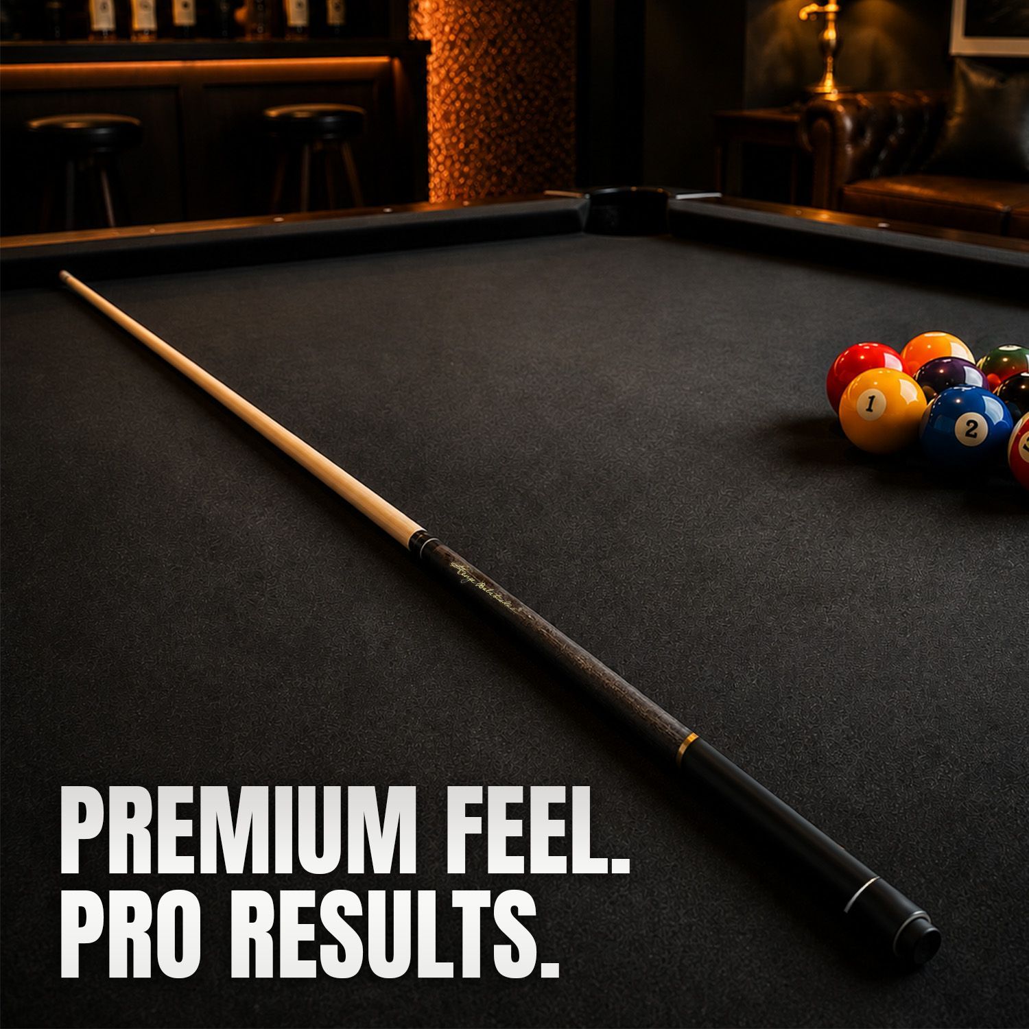 GBJBK-2 break/jump billiard cue displayed on a professional pool table highlighting its dark maple forearm, black finish, textured grip, and performance-focused design