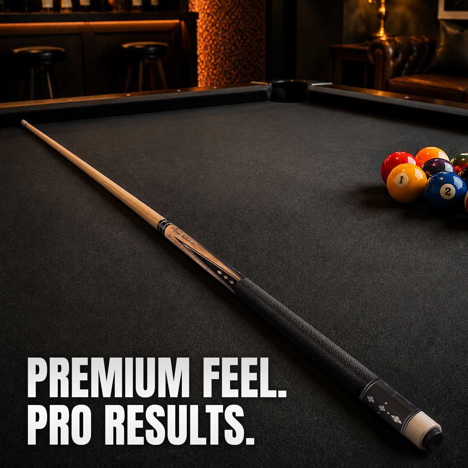 GB-GS billiard cue displayed on a professional pool table highlighting its premium design, balanced construction, and elegant Balabushka-inspired style