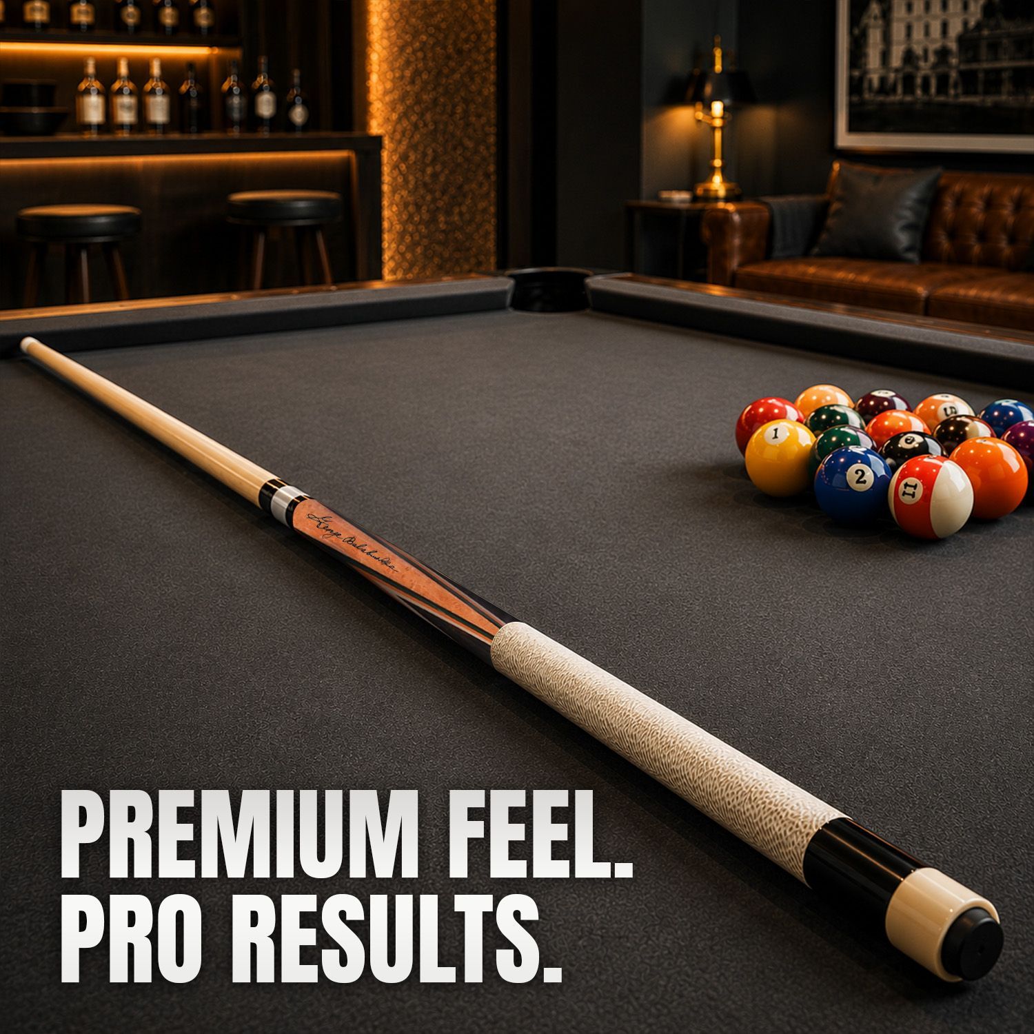 GB2 billiard cue displayed on a professional pool table highlighting premium design and playing experience