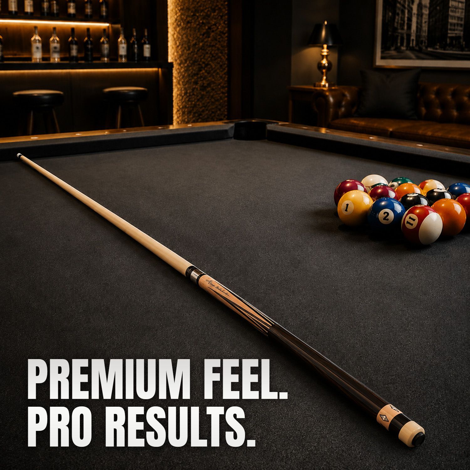 GB-T billiard cue displayed on a professional pool table highlighting its premium rosewood design, balanced construction, and elegant classic styling