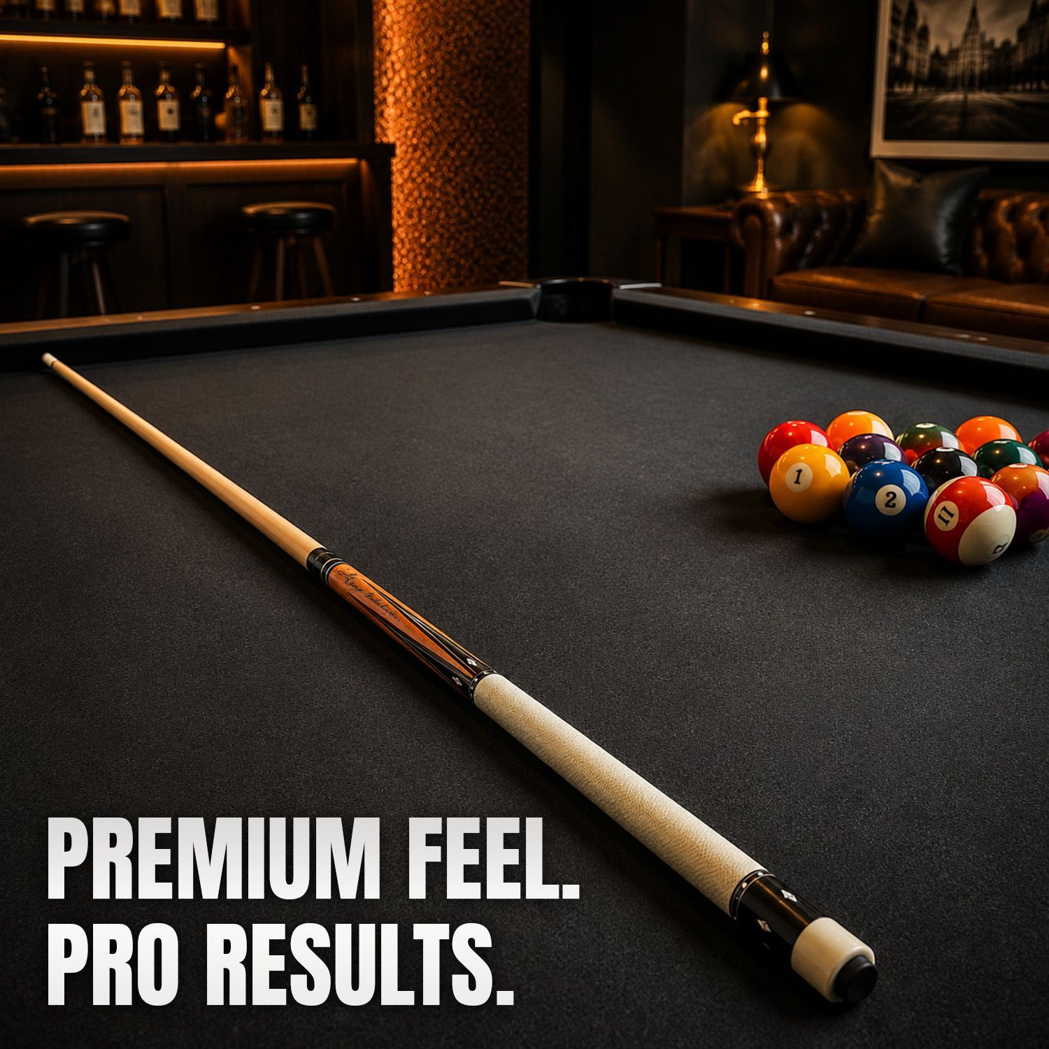GB21 billiard cue displayed on a professional pool table highlighting premium craftsmanship and professional playing performance