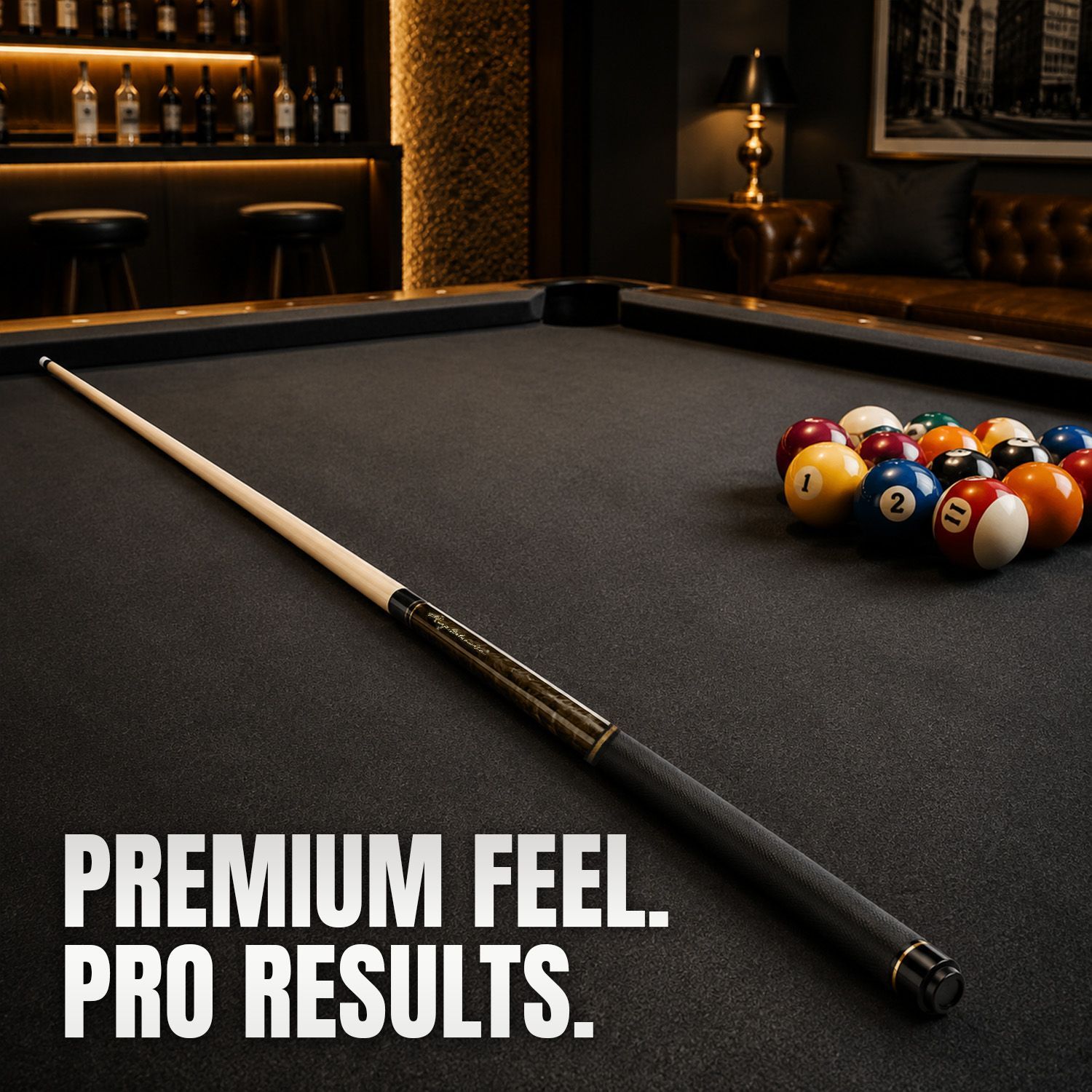 GBJBK-1 break/jump billiard cue displayed on a professional pool table highlighting its dark maple design, sleek black finish, gold accents, and performance-focused craftsmanship