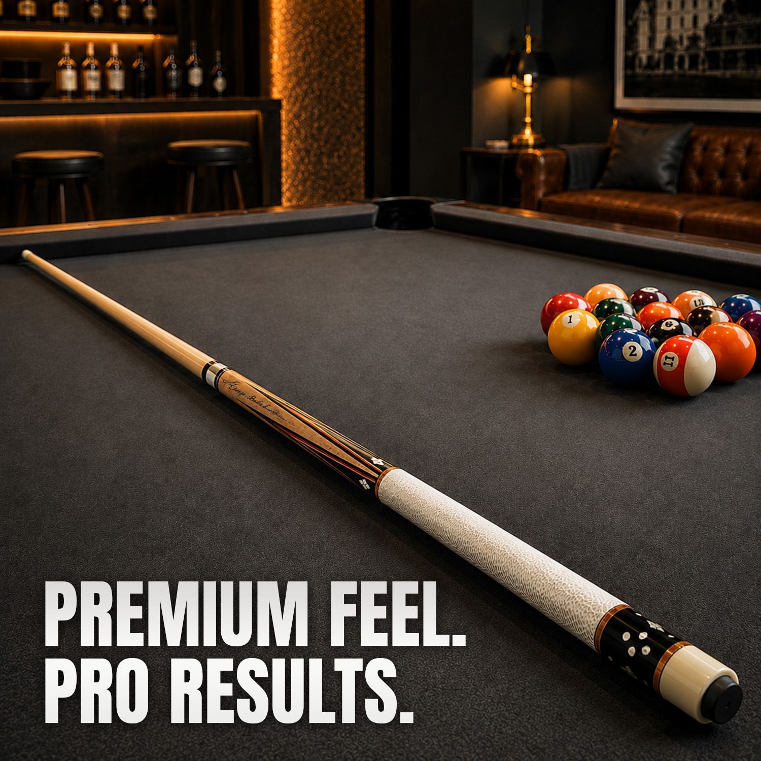 GB23 billiard cue displayed on a professional pool table highlighting its premium craftsmanship and playing design