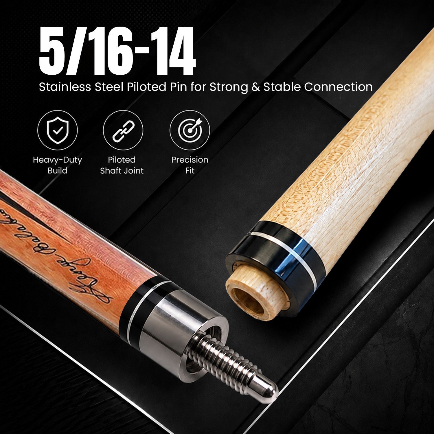 GB6 billiard cue stainless steel 5/16-14 piloted joint showing precision shaft connection and durable construction