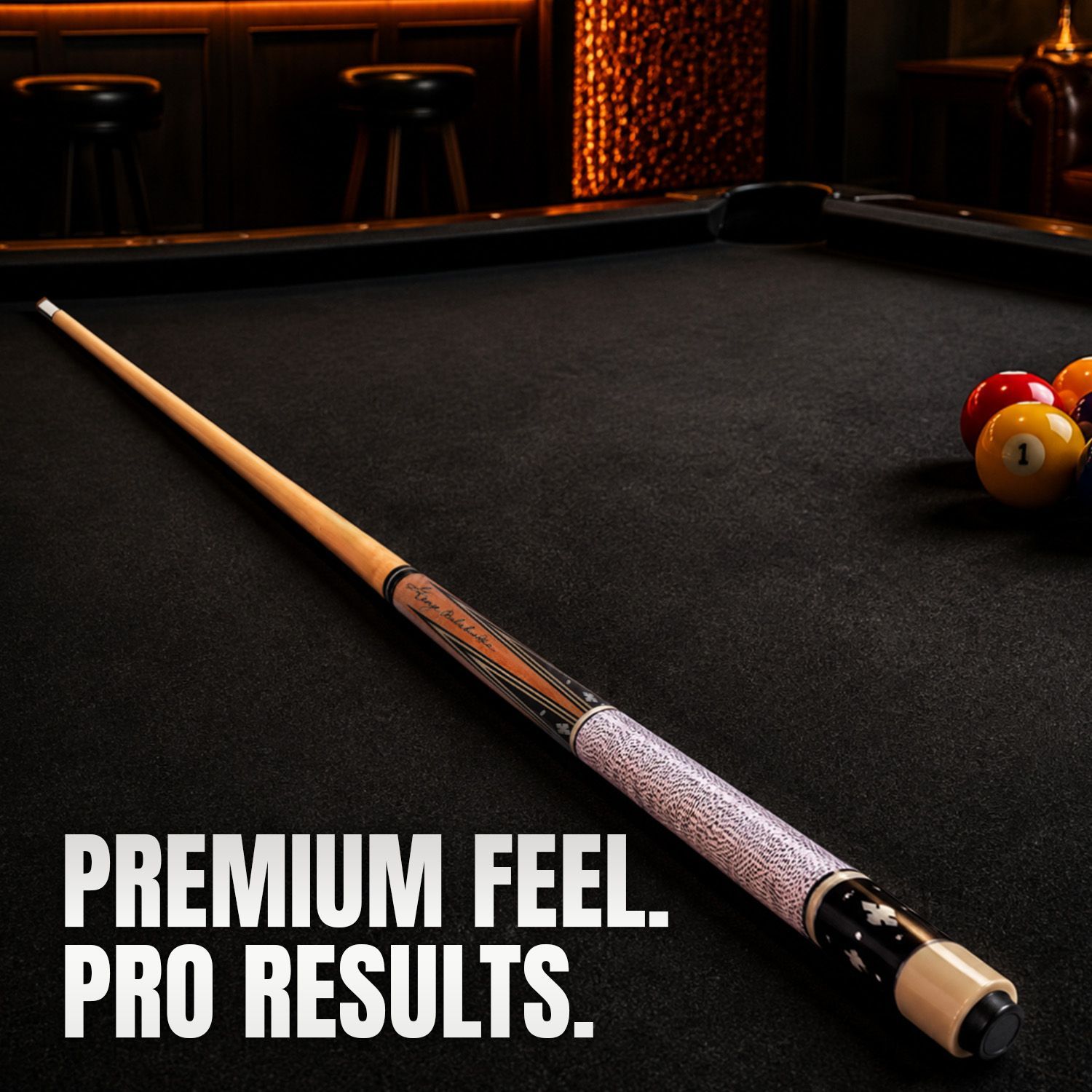 GB22 billiard cue displayed on a professional pool table highlighting premium craftsmanship and professional playing performance
