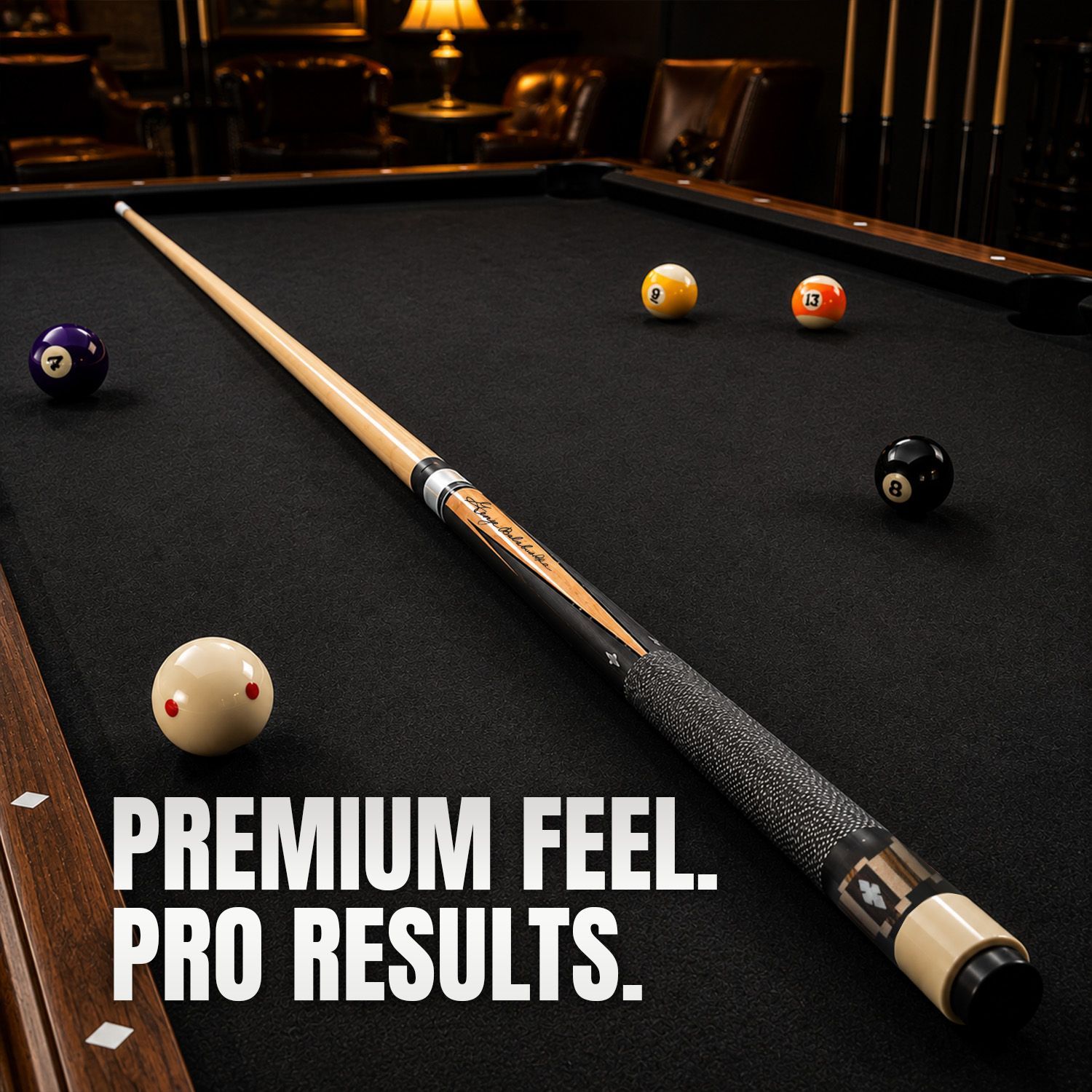 GB5 billiard cue displayed on a professional pool table highlighting premium craftsmanship and playing performance