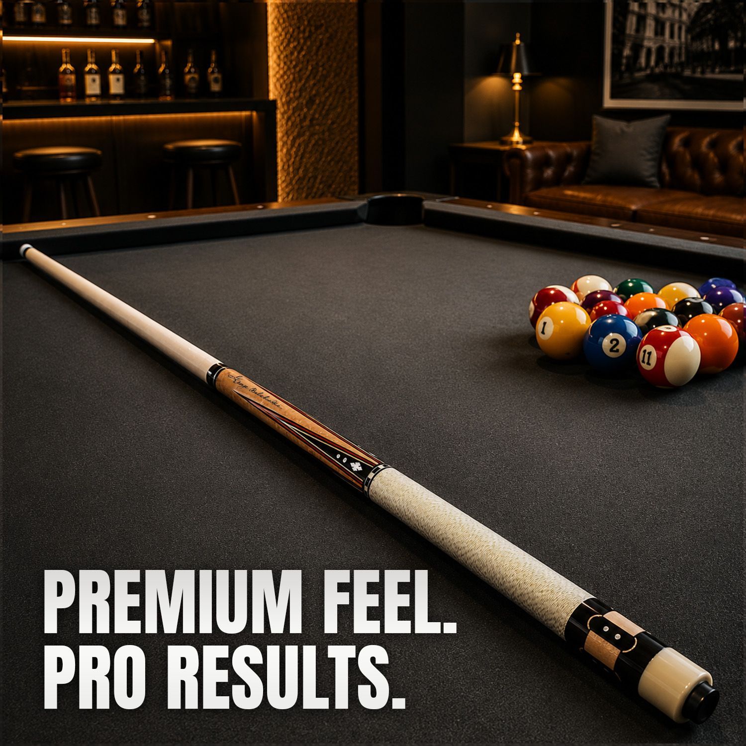 GB-BS billiard cue displayed on a professional pool table highlighting premium craftsmanship and professional playing performance