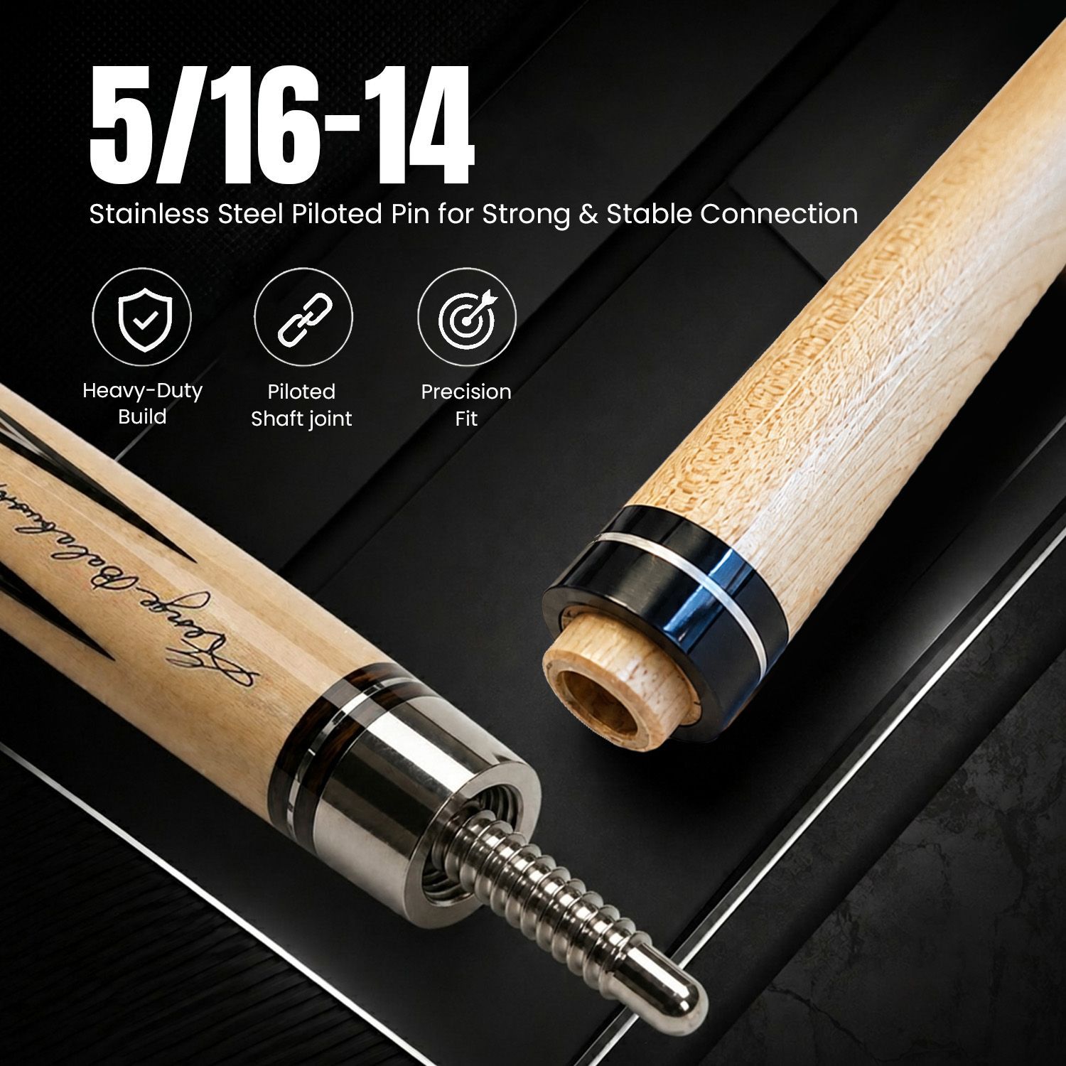 GB1 billiard cue stainless steel 5/16-14 piloted joint showing precision shaft connection and durable construction