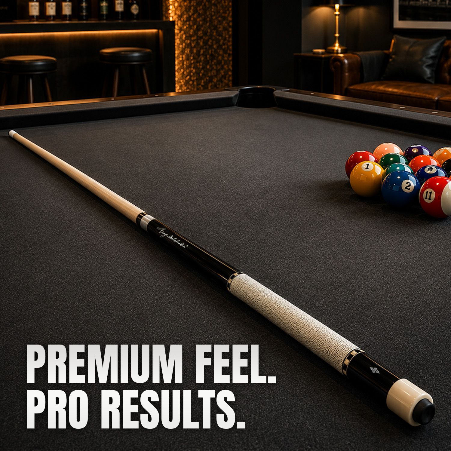 GB25 billiard cue displayed on a professional pool table highlighting its deep rosewood finish, elegant black design, white linen wrap, and timeless craftsmanship