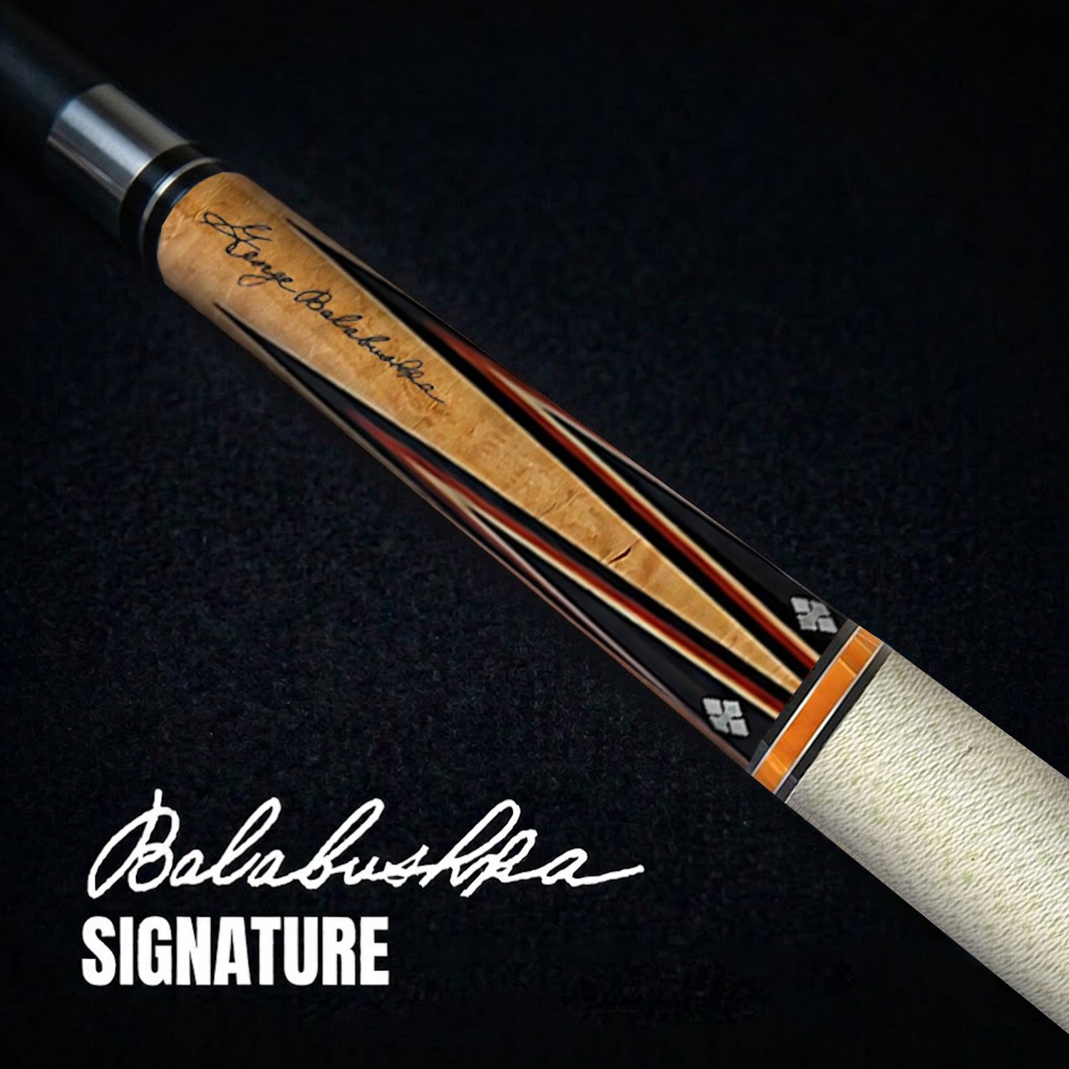 GB23 billiard cue close-up showing George Balabushka signature, birdseye maple forearm, ebony points, and detailed inlay work