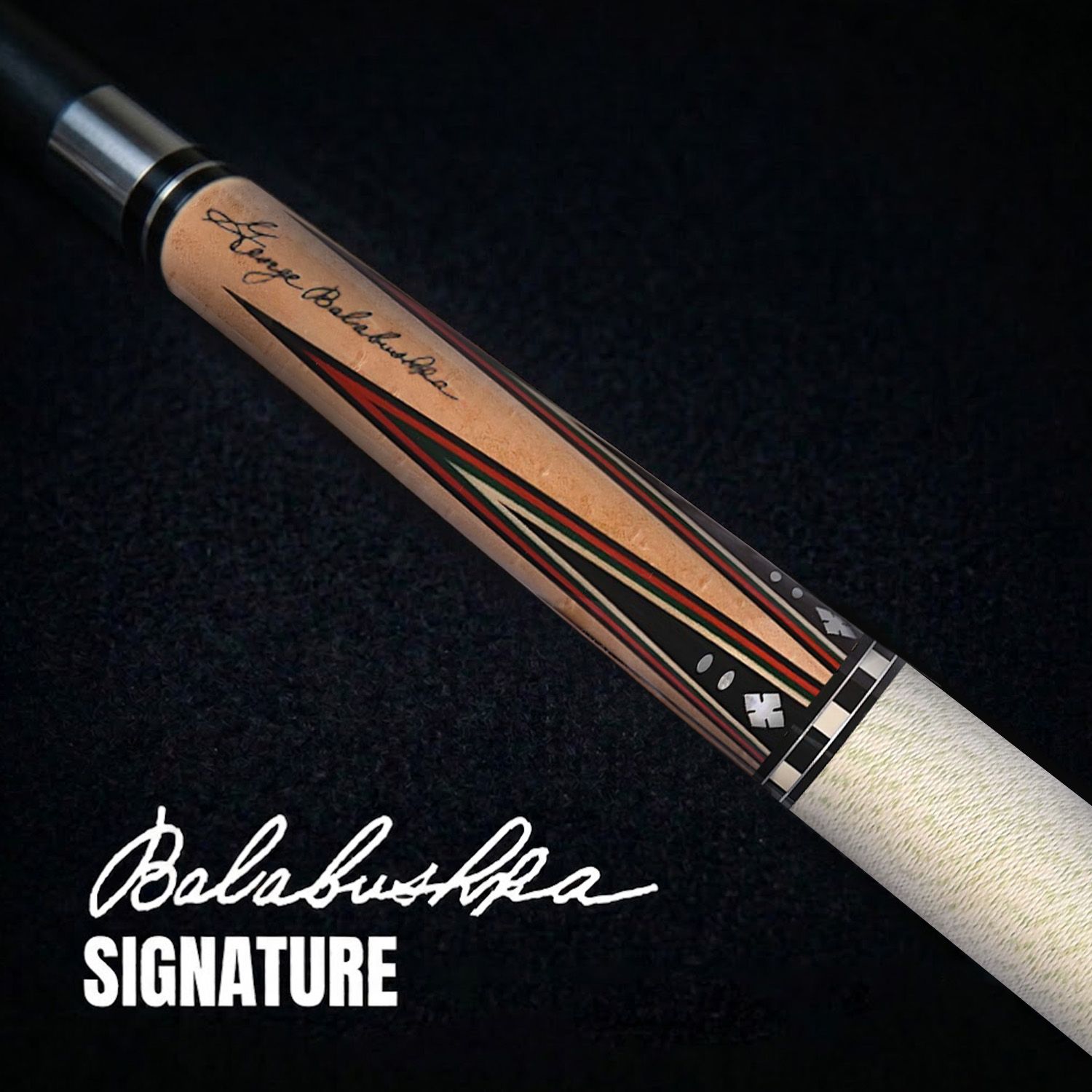 GB-BS billiard cue close-up showing George Balabushka signature, maple forearm, rosewood points, and detailed inlay craftsmanship