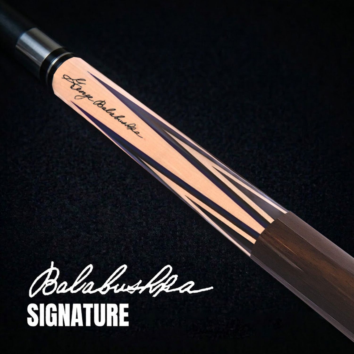 GB-T billiard cue close-up showing George Balabushka signature, maple forearm, rosewood points, and detailed traditional cue craftsmanship