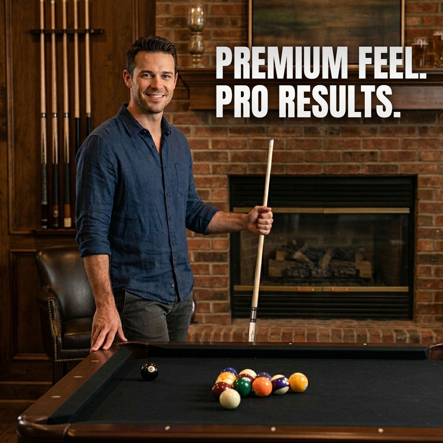 GB1 billiard cue displayed on a professional pool table highlighting premium feel and performance design
