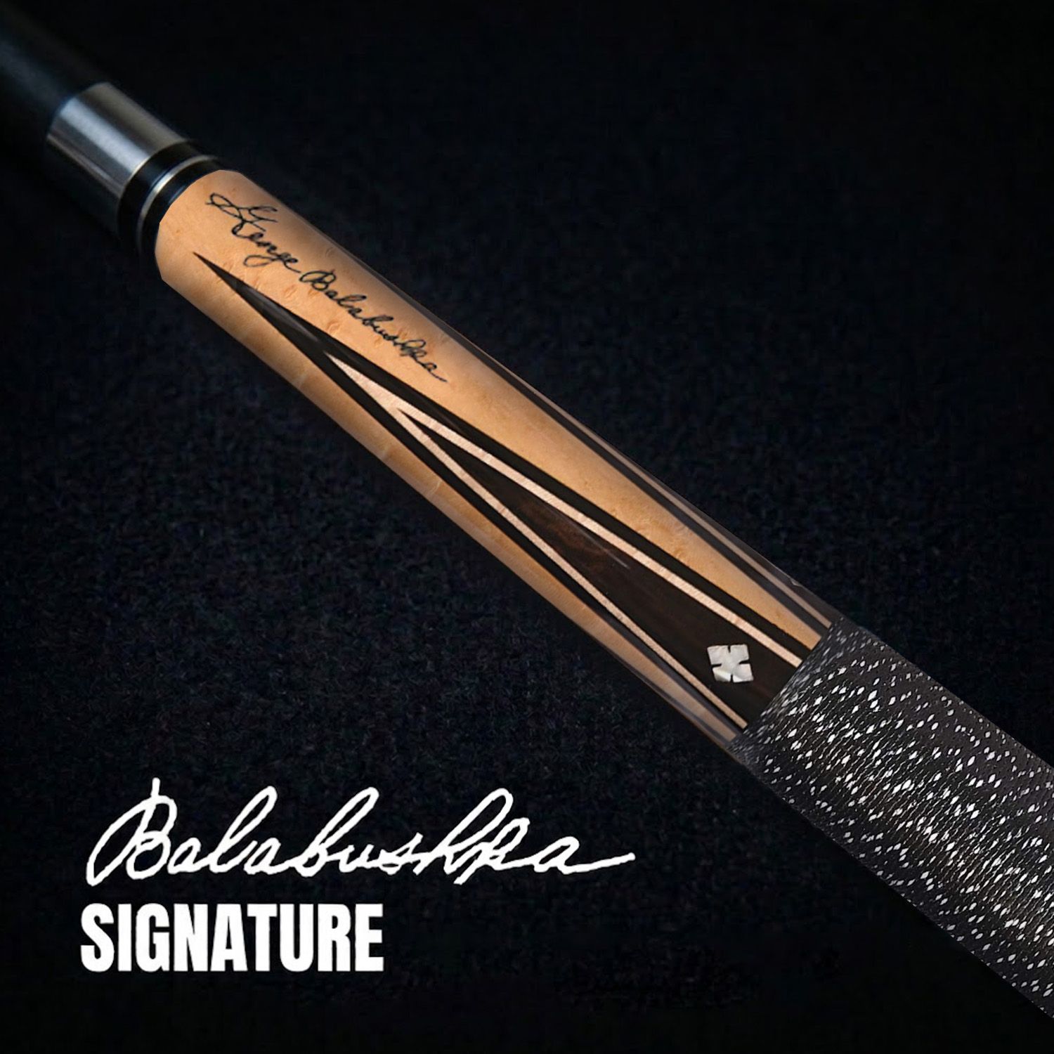 GB9 billiard cue close-up showing Balabushka signature engraving, ebony details, and detailed wood craftsmanship