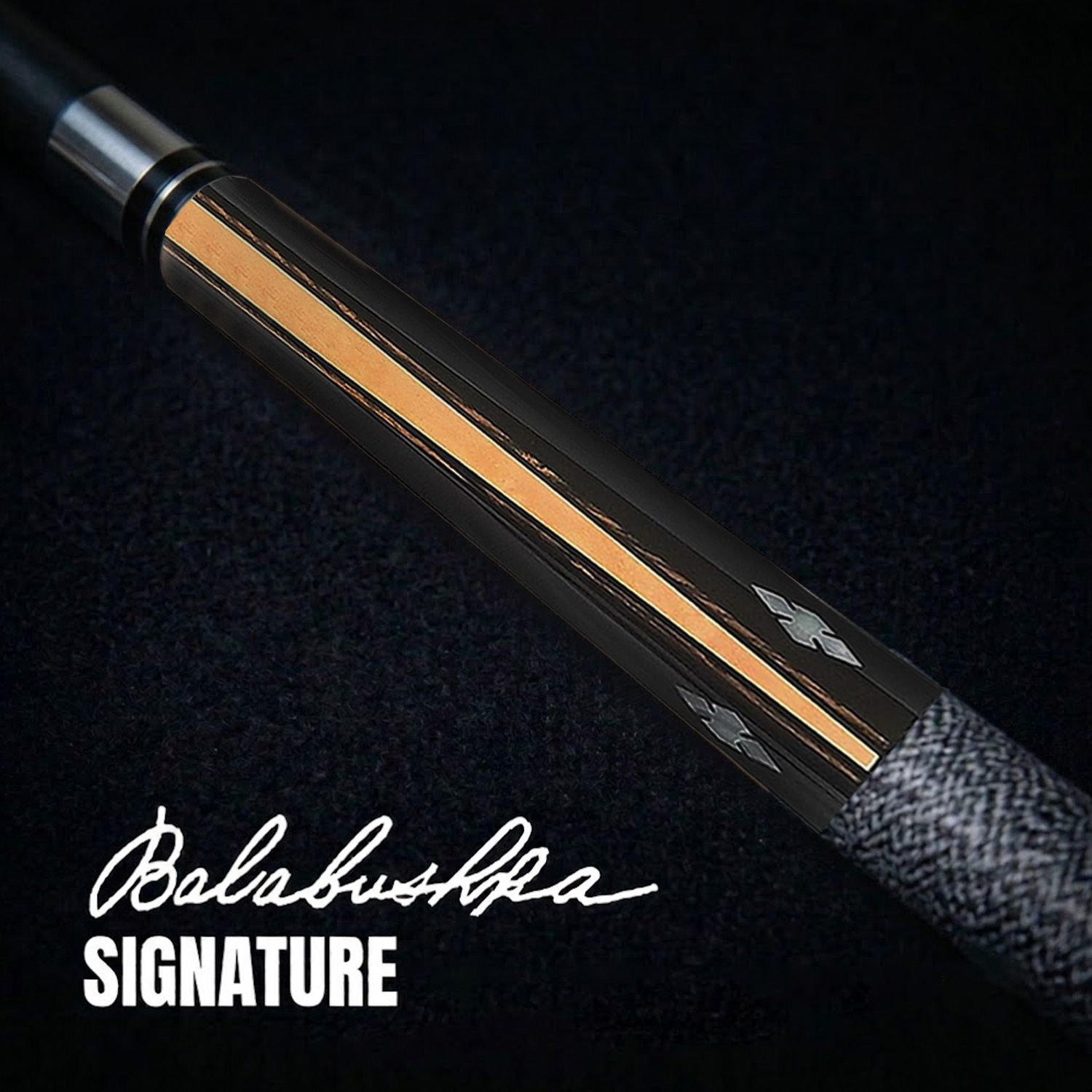 GB5 billiard cue close-up showing Balabushka signature engraving, ebony details, and intricate wood inlay craftsmanship