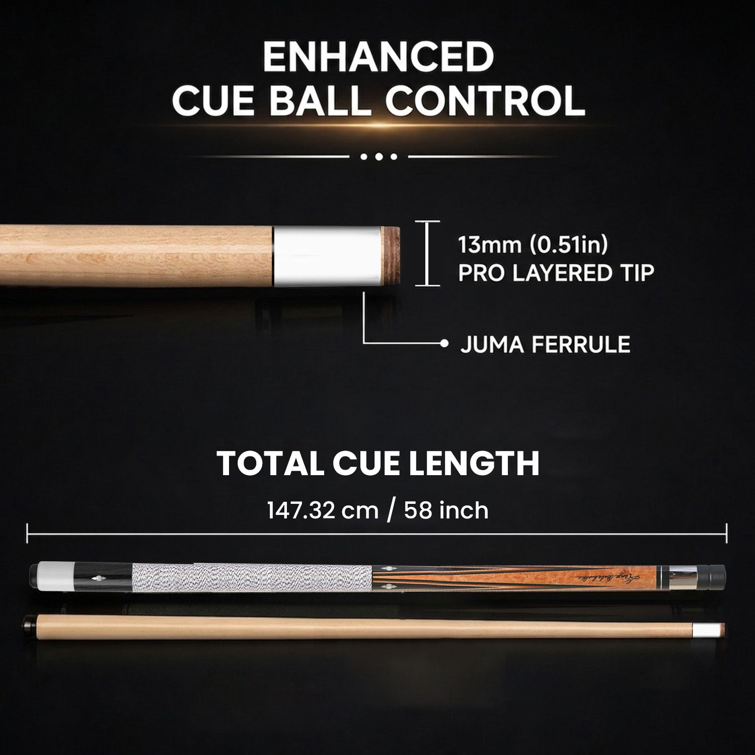 GB3 billiard cue specifications showing enhanced cue ball control, 13mm pro layered tip, Juma ferrule, and 58 inch cue length
