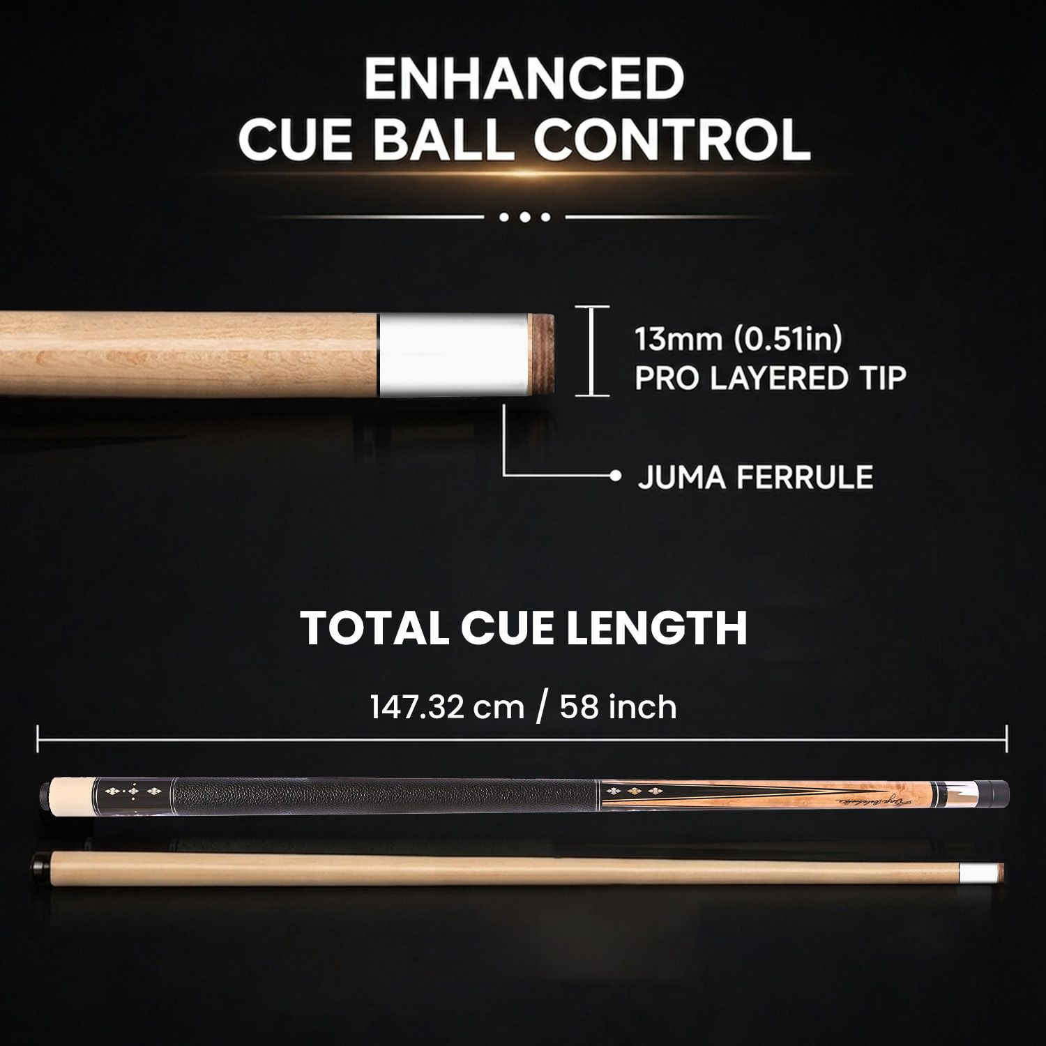 GB-GS billiard cue specifications featuring enhanced cue ball control, 13mm pro layered tip, Juma ferrule, and 58 inch cue length