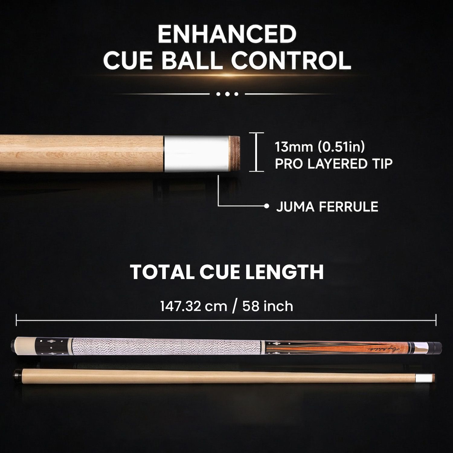 GB22 billiard cue specifications showing enhanced cue ball control, 13mm pro layered tip, Juma ferrule, and 58 inch cue length
