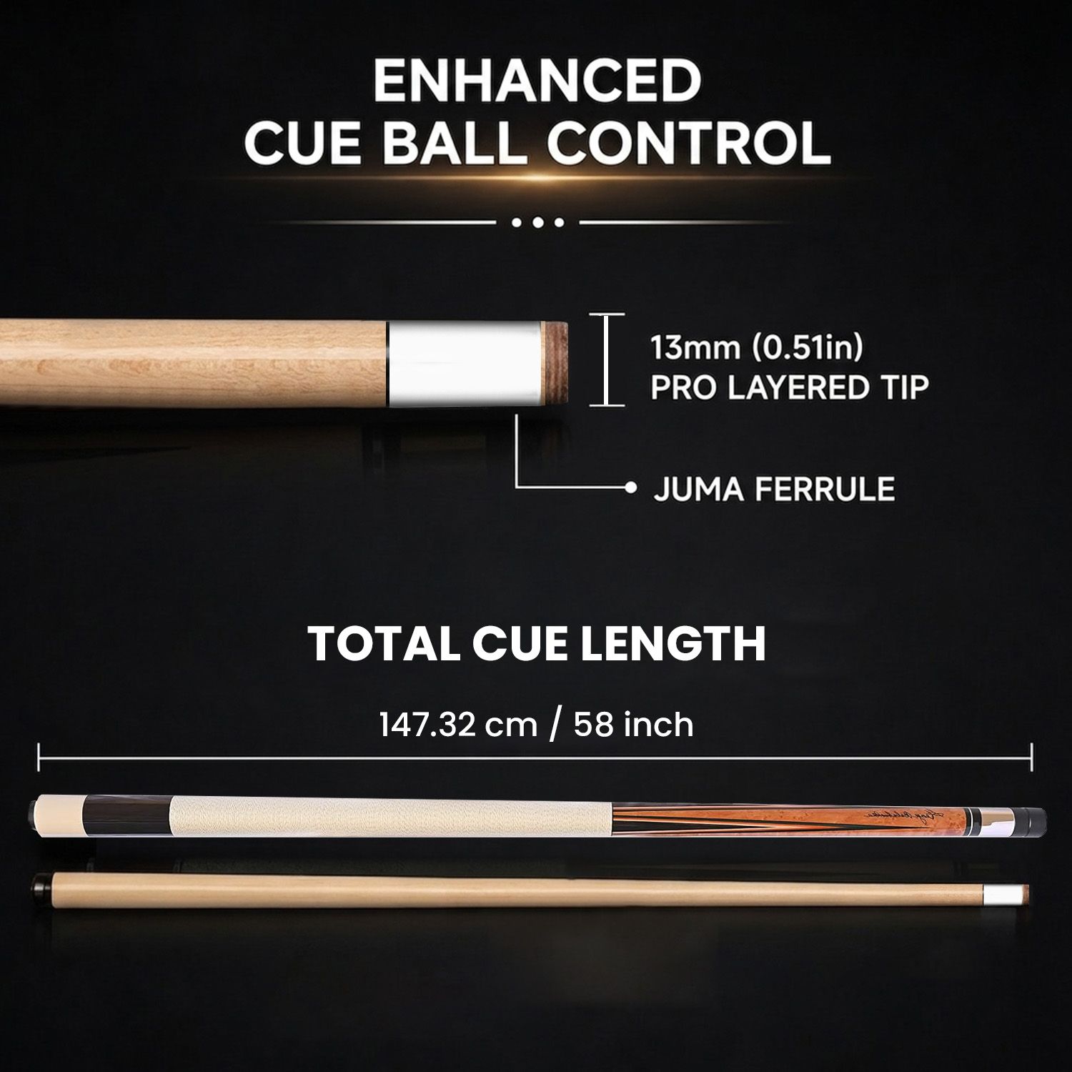 GB2 billiard cue specifications showing enhanced cue ball control, 13mm pro layered tip, Juma ferrule, and 58 inch cue length
