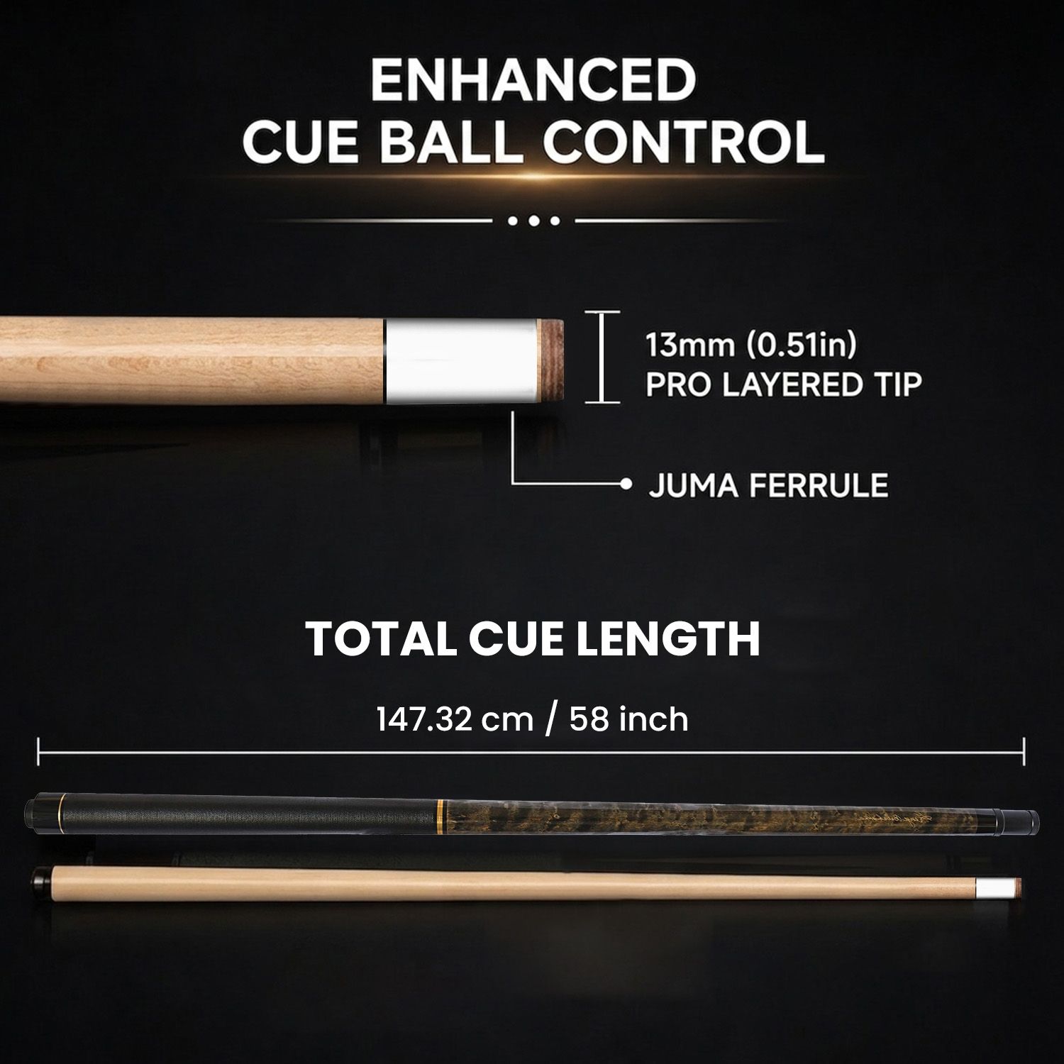 GBJBK-1 break/jump cue specifications featuring extended 3.25 inch forearm design, premium maple construction, precision break performance, and 58 inch cue length