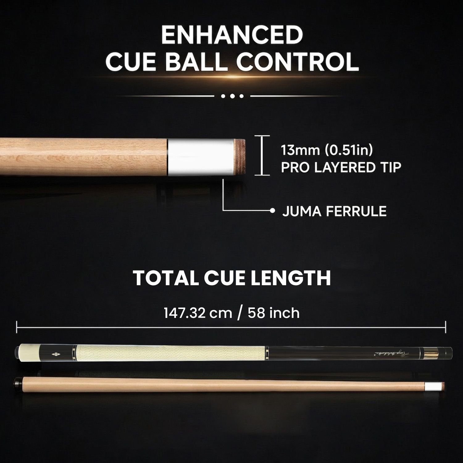 GB25 billiard cue specifications featuring 58 inch total cue length, precision shaft design, premium rosewood construction, and professional-grade components for enhanced playability