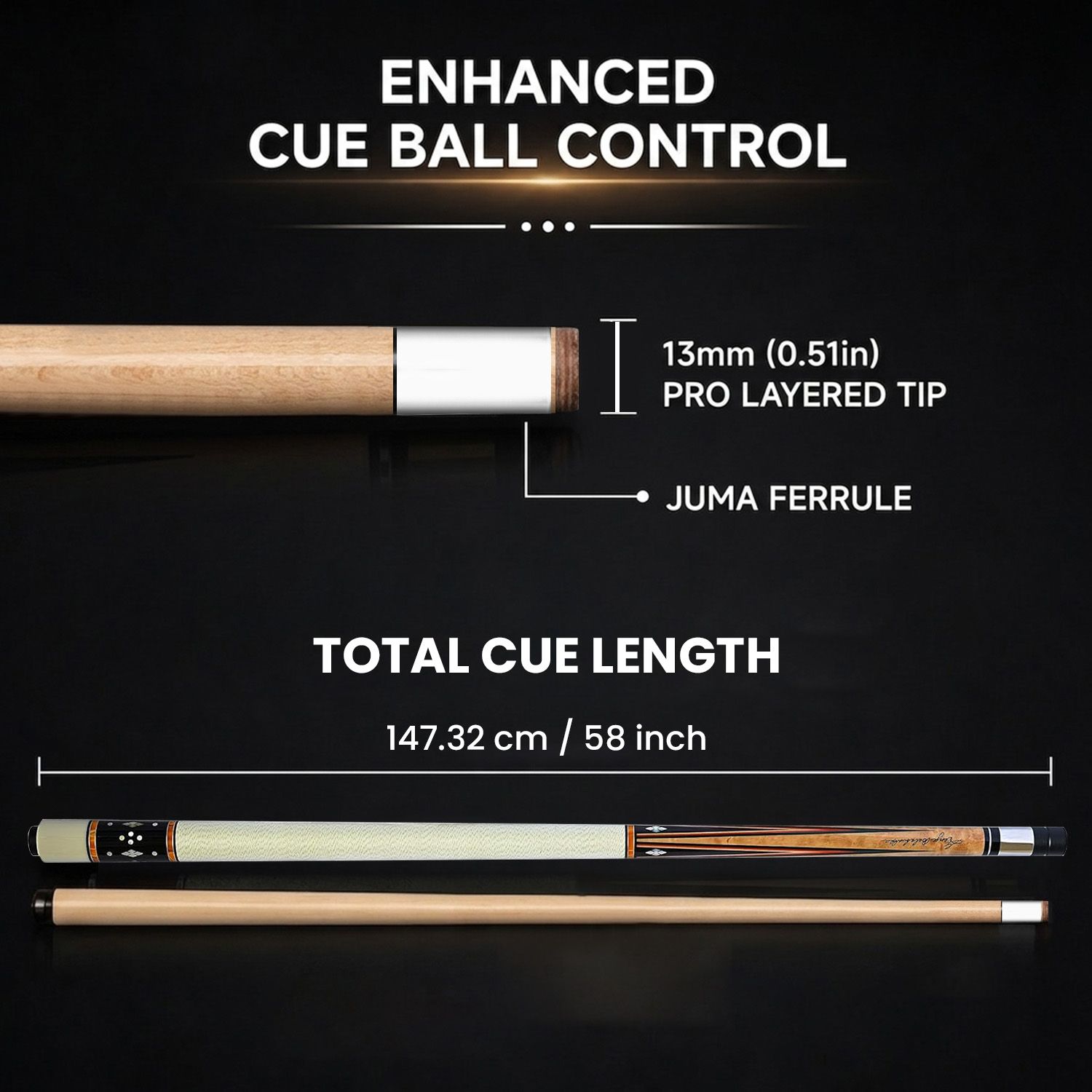 GB23 billiard cue specifications showing enhanced cue ball control, 13mm pro layered tip, Juma ferrule, and 58 inch cue length