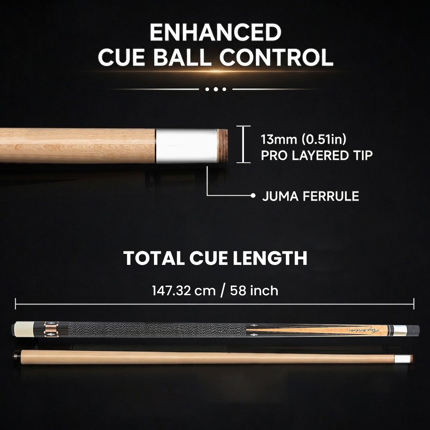 GB5 billiard cue specifications showing enhanced cue ball control, 13mm pro layered tip, Juma ferrule, and 58 inch cue length