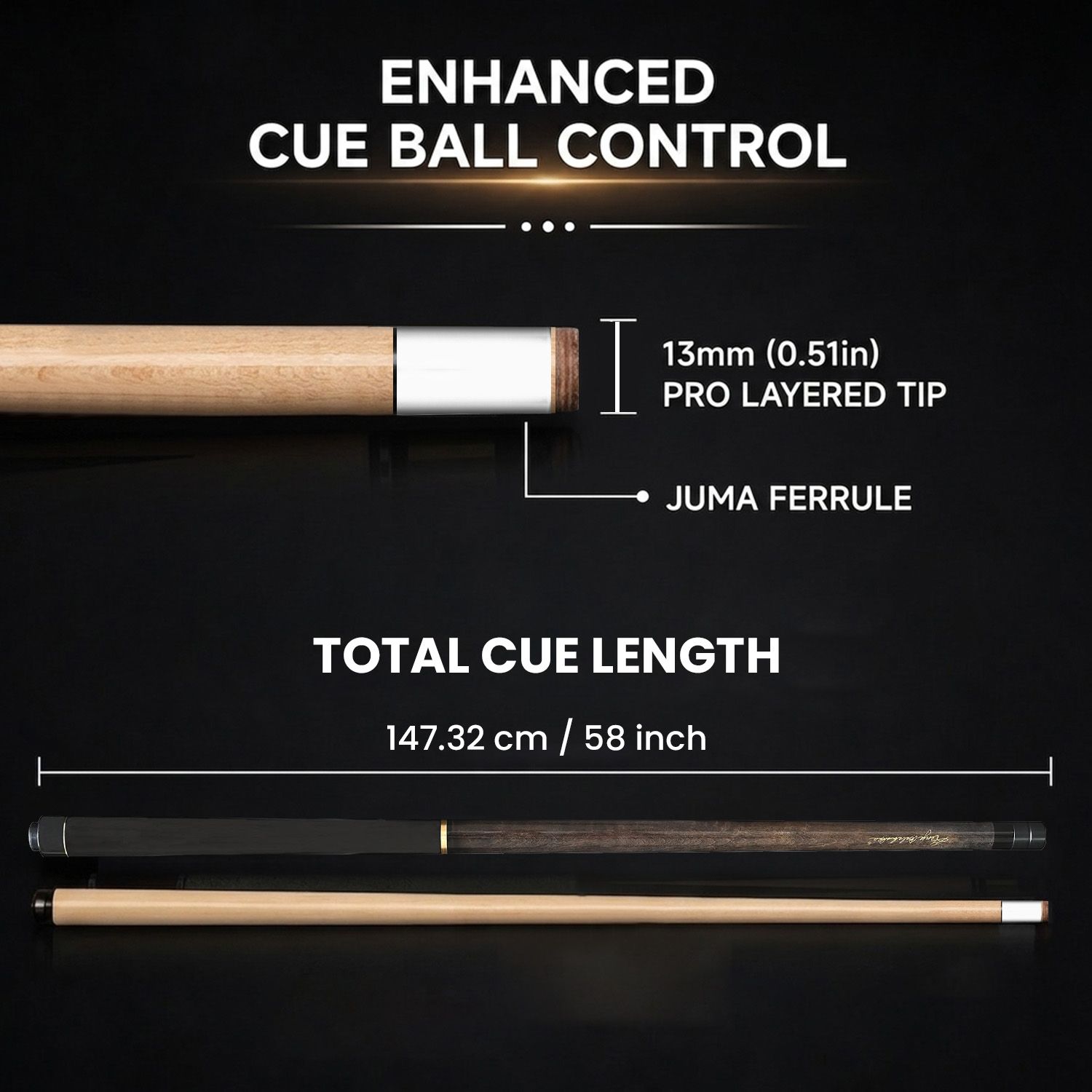 GBJBK-2 break/jump cue specifications featuring extended 3.25 inch forearm design, premium maple construction, precision break performance, and 58 inch total cue length