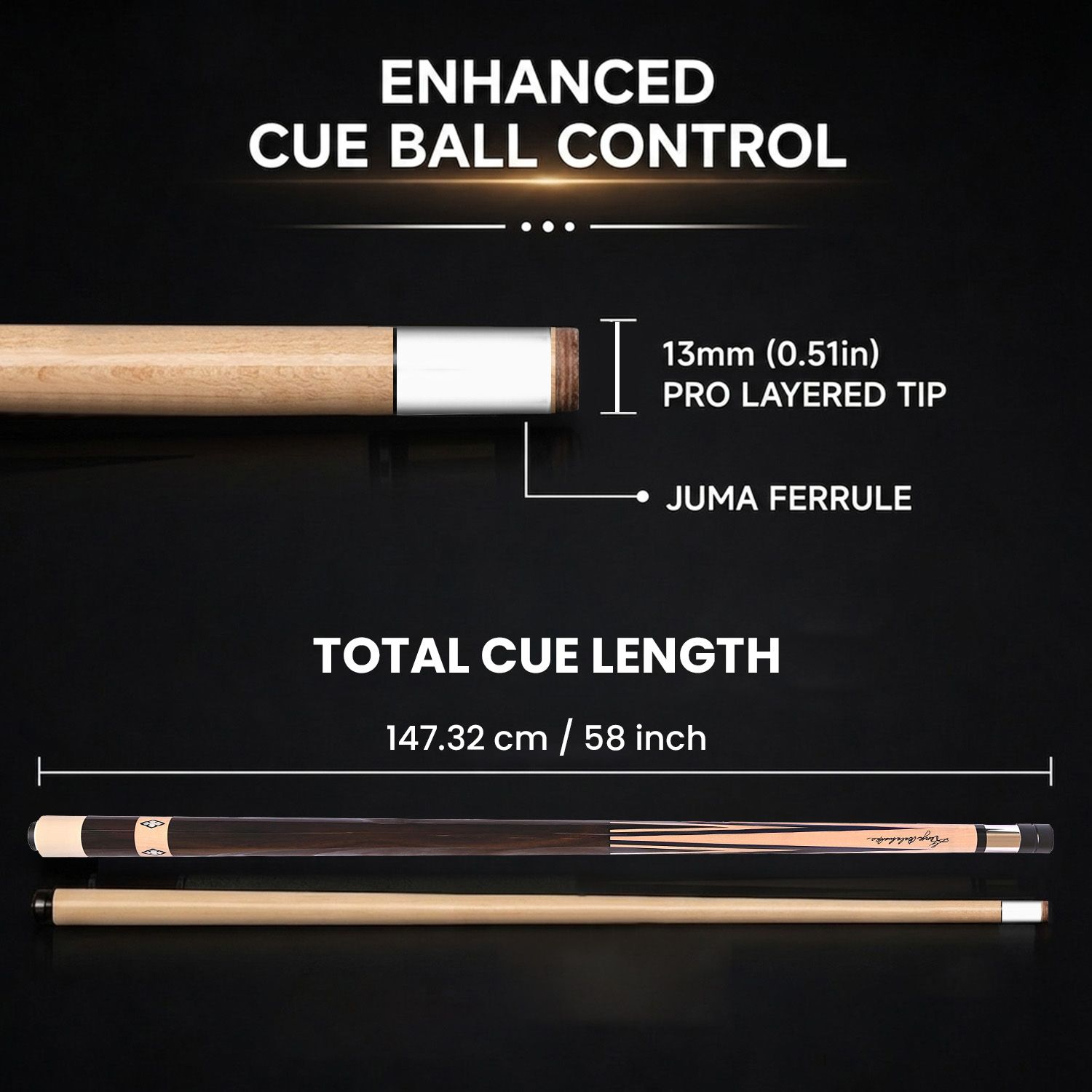 GB-T billiard cue specifications featuring enhanced cue ball control, 13mm pro layered tip, Juma ferrule, and 58 inch cue length