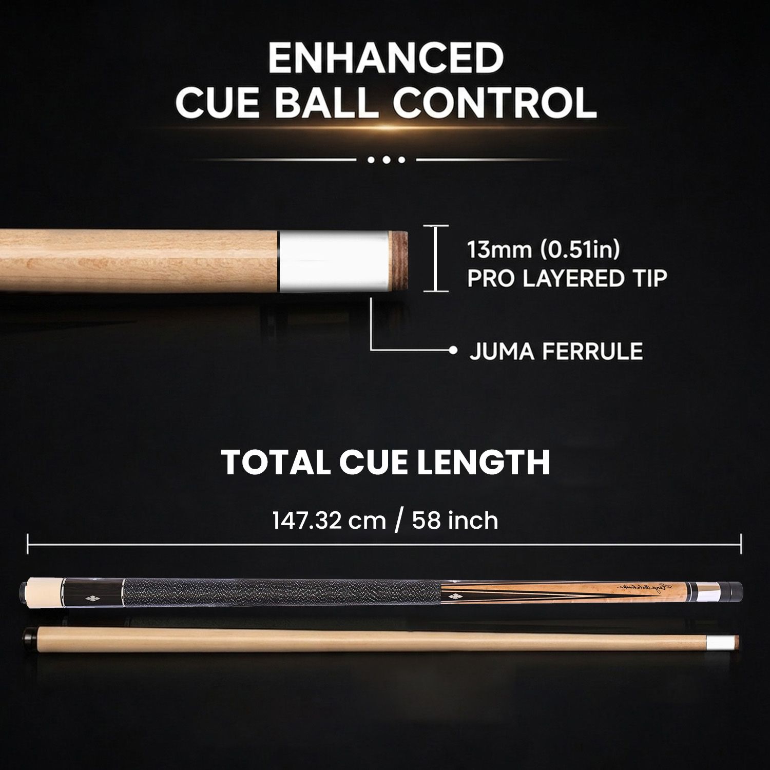 GB9 billiard cue specifications showing enhanced cue ball control, 13mm pro layered tip, Juma ferrule, and 58 inch cue length