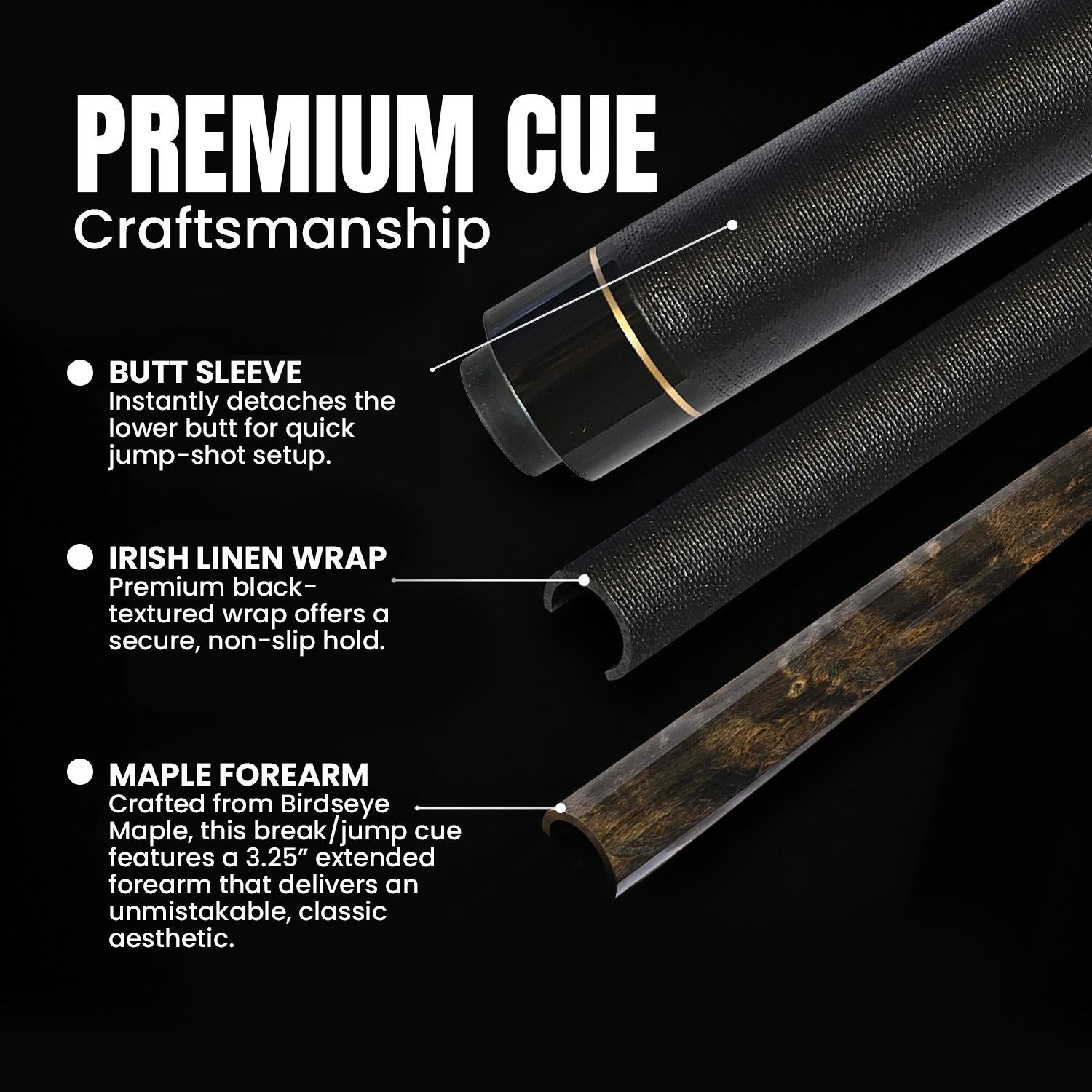GBJBK-1 break/jump cue premium craftsmanship details showing a dark birdseye maple forearm, extended 3.25 inch forearm construction, black textured wrap, black phenolic butt components, and elegant gold accent rings for a classic professional appearance