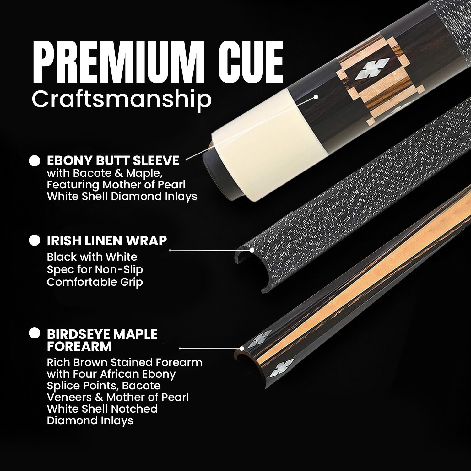 GB5 billiard cue premium craftsmanship details showing ebony butt sleeve with Bacote and maple accents, black Irish linen wrap, birdseye maple forearm, and mother of pearl diamond inlays