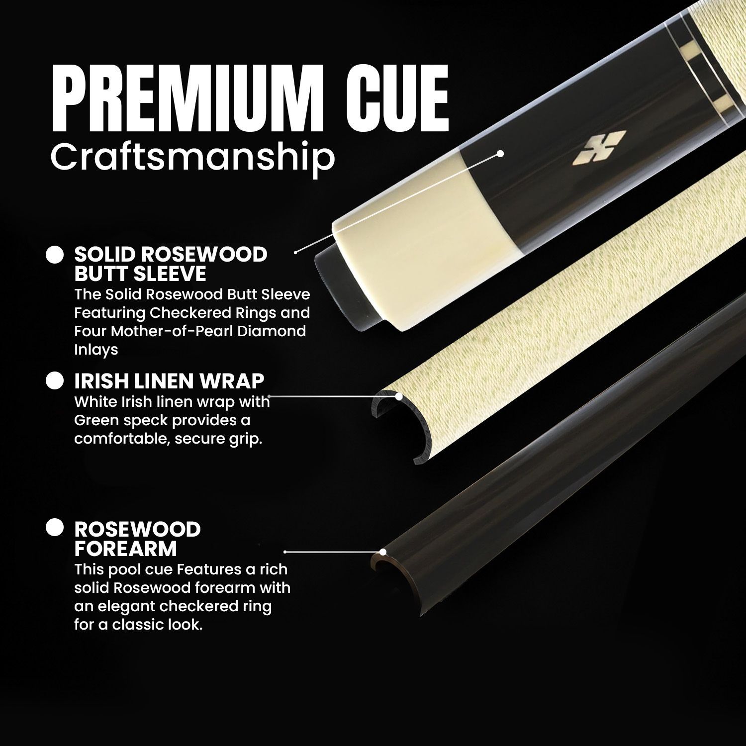 GB25 billiard cue premium craftsmanship details showing the solid rosewood butt sleeve, checkered rings, four Mother-of-Pearl diamond inlays, white Irish linen wrap with green specks, and rich rosewood forearm for a classic luxury cue design