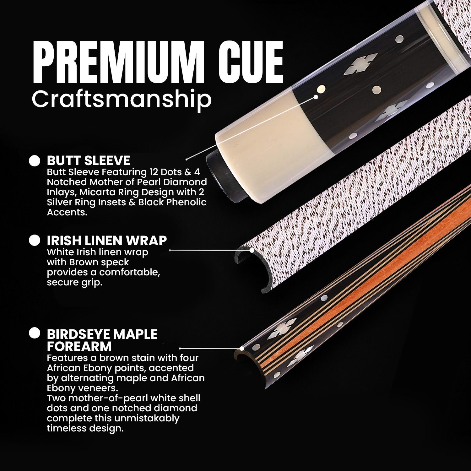 GB22 billiard cue premium craftsmanship details showing butt sleeve with decorative dot and diamond inlays, white Irish linen wrap with brown specks, birdseye maple forearm, African ebony points, and traditional Balabushka veneer design