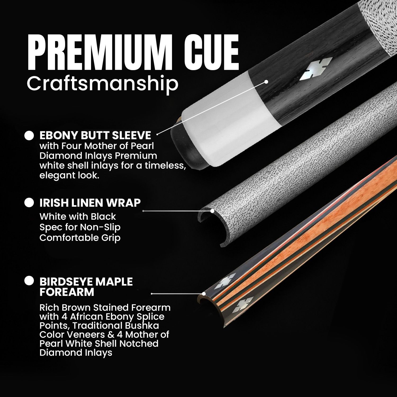 GB3 billiard cue full view showing ebony butt sleeve, white Irish linen wrap, diamond inlays, and traditional Bushka styling