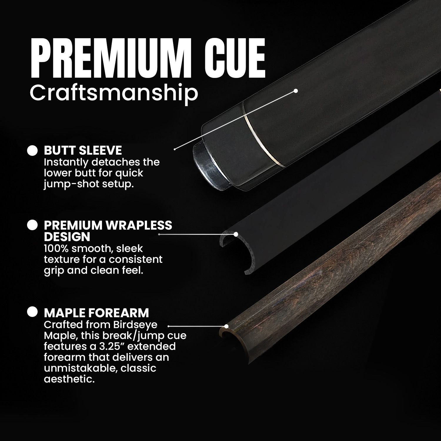 GBJBK-2 break/jump cue premium craftsmanship details showing a dark birdseye maple forearm, extended 3.25 inch forearm construction, premium black textured wrap, black phenolic components, and gold accent rings for a sleek professional design