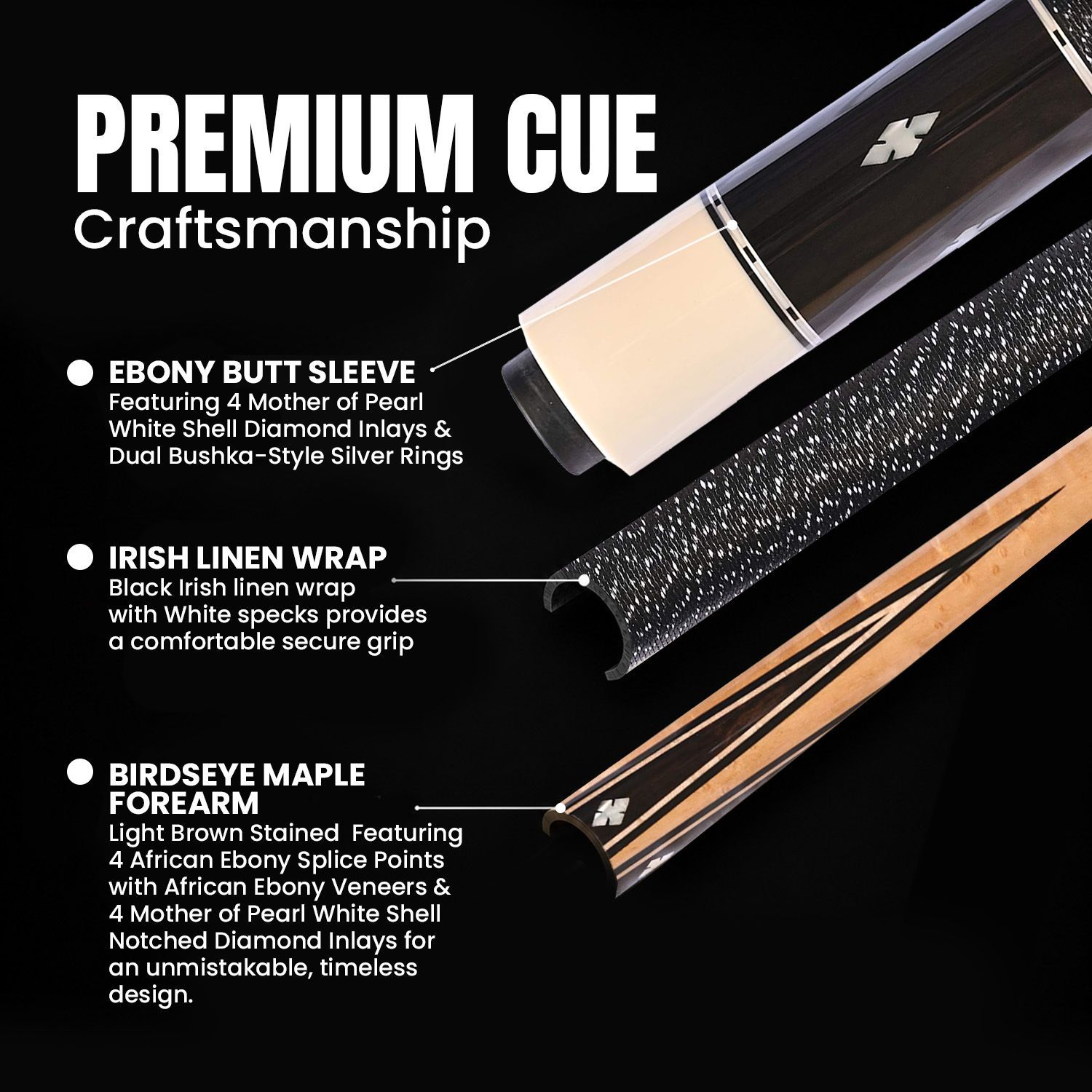 GB9 billiard cue premium craftsmanship details showing ebony butt sleeve with four mother of pearl white shell diamond inlays, dual Bushka-style silver rings, black and white Irish linen wrap, and birdseye maple forearm with African ebony splice points