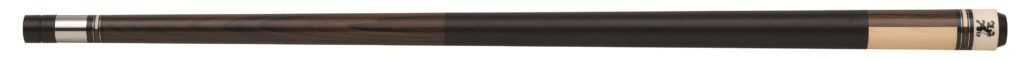 A brown pool cue with a black handle and a gold base.