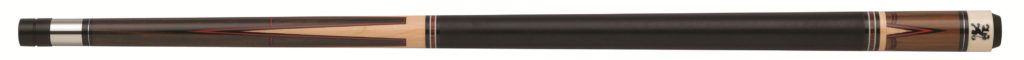 Pool cue with a black grip and brown accents.