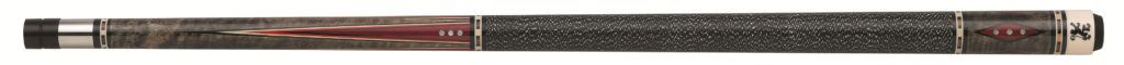 Pool cue, gray and brown with black handle.