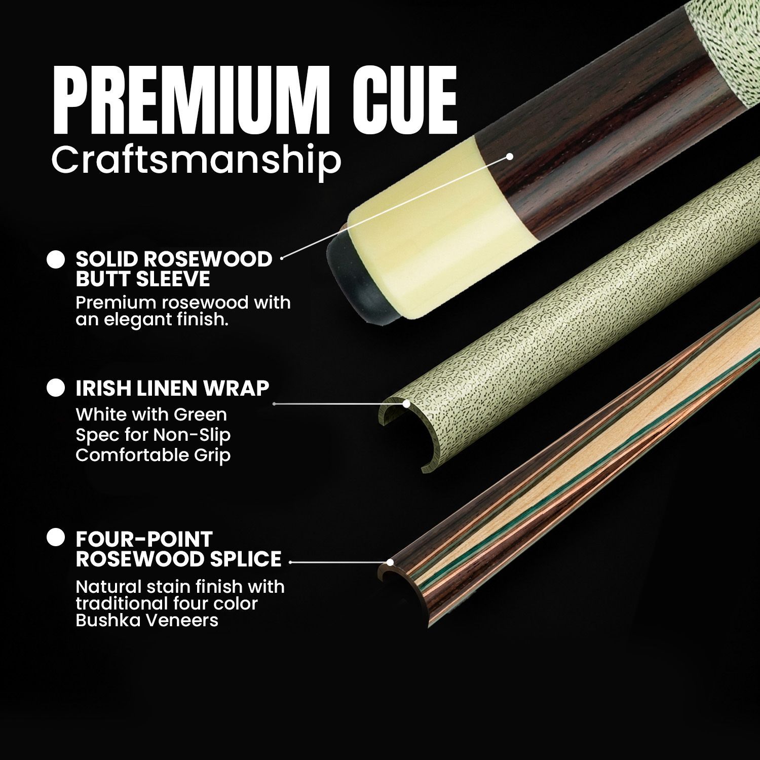 GB1 billiard cue premium craftsmanship details showing solid rosewood butt sleeve, Irish linen wrap, and four-point rosewood splice